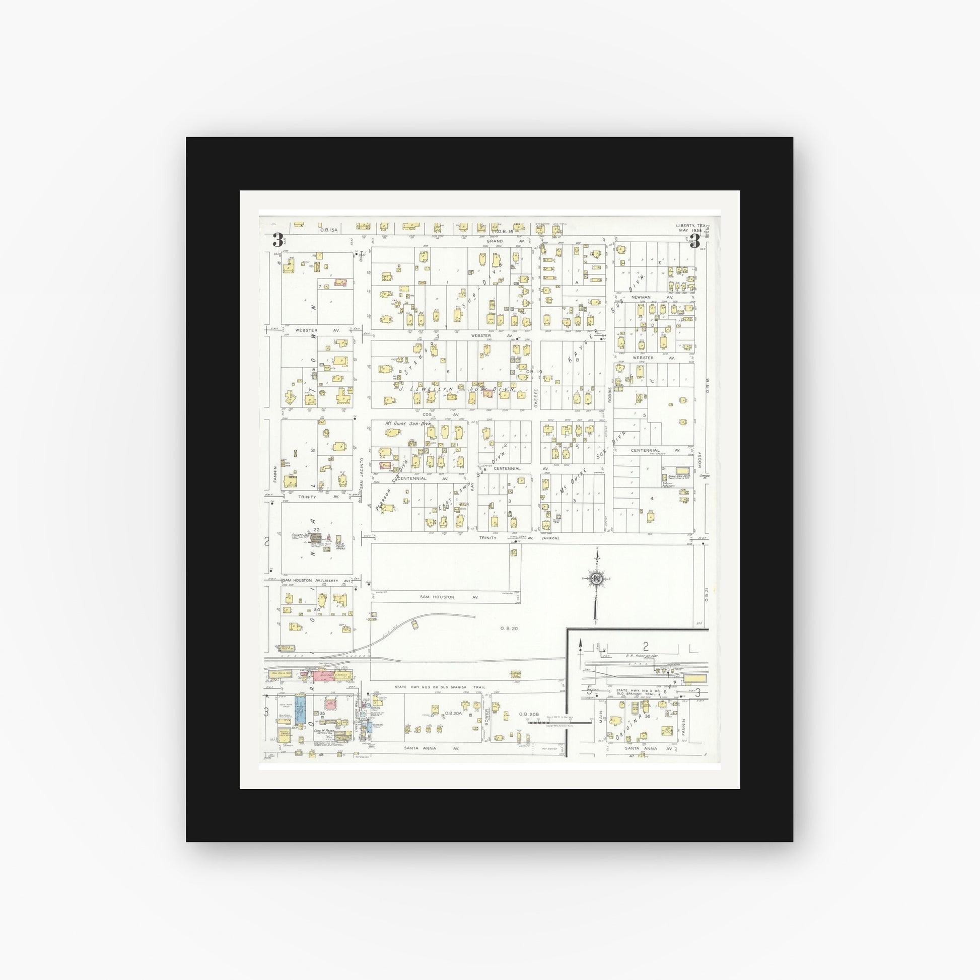 Old map wall art mockup — black gallery frame with white mat — Sanborn Fire Insurance Map from Liberty, Liberty County, Texas (1938), Sheet #0003