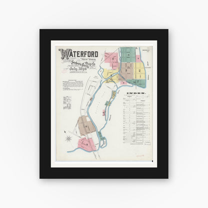 Old map wall art mockup — black gallery frame with white mat — Sanborn Fire Insurance Map from Waterford, Saratoga County, New York (1892), Sheet #0001