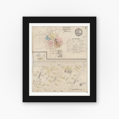 Old map wall art mockup — black gallery frame with white mat — Sanborn Fire Insurance Map from Westboro, Worcester County, Massachusetts (1888), Sheet #0001