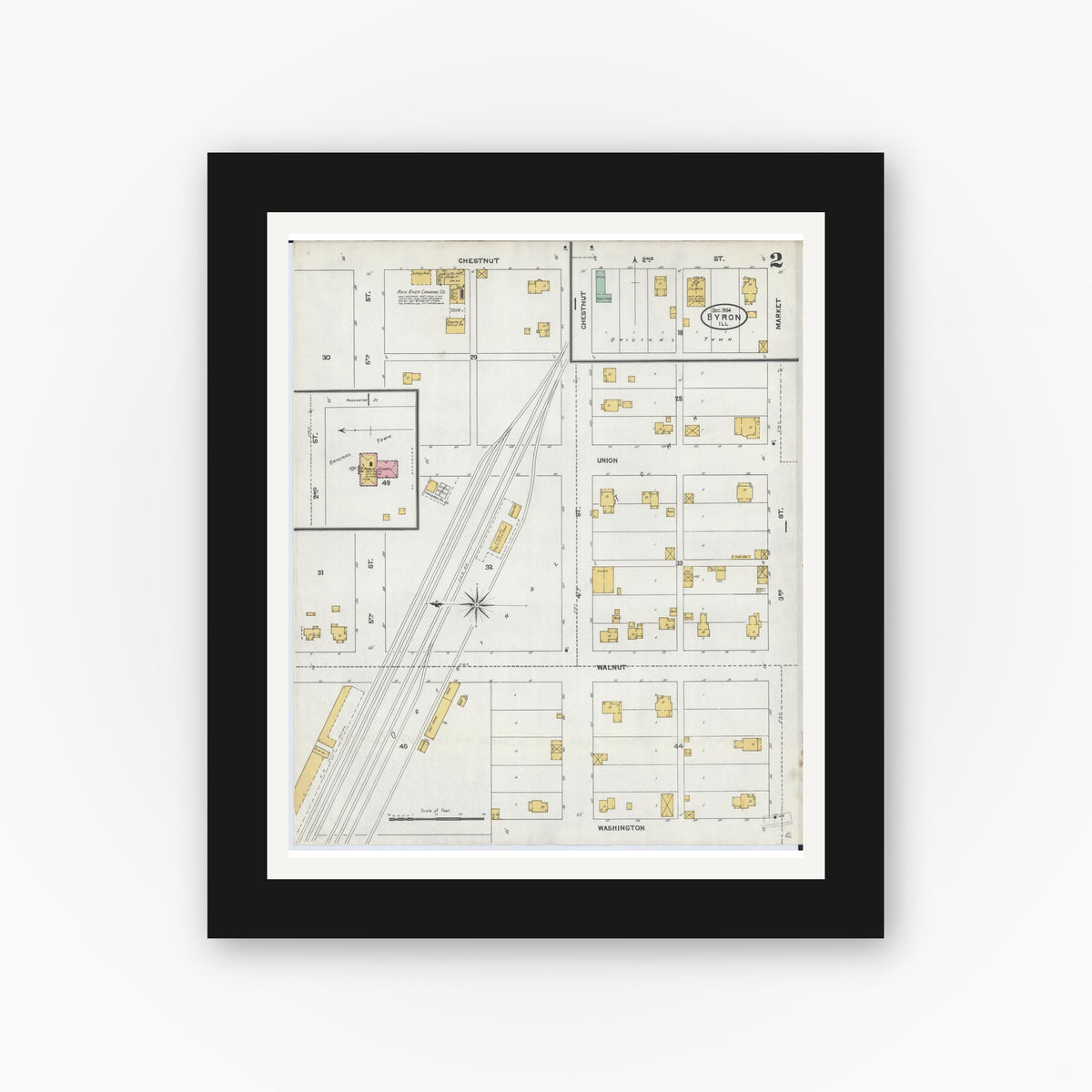 Old map wall art mockup — black gallery frame with white mat — Sanborn Fire Insurance Map from Byron, Ogle County, Illinois (1904), Sheet #0002