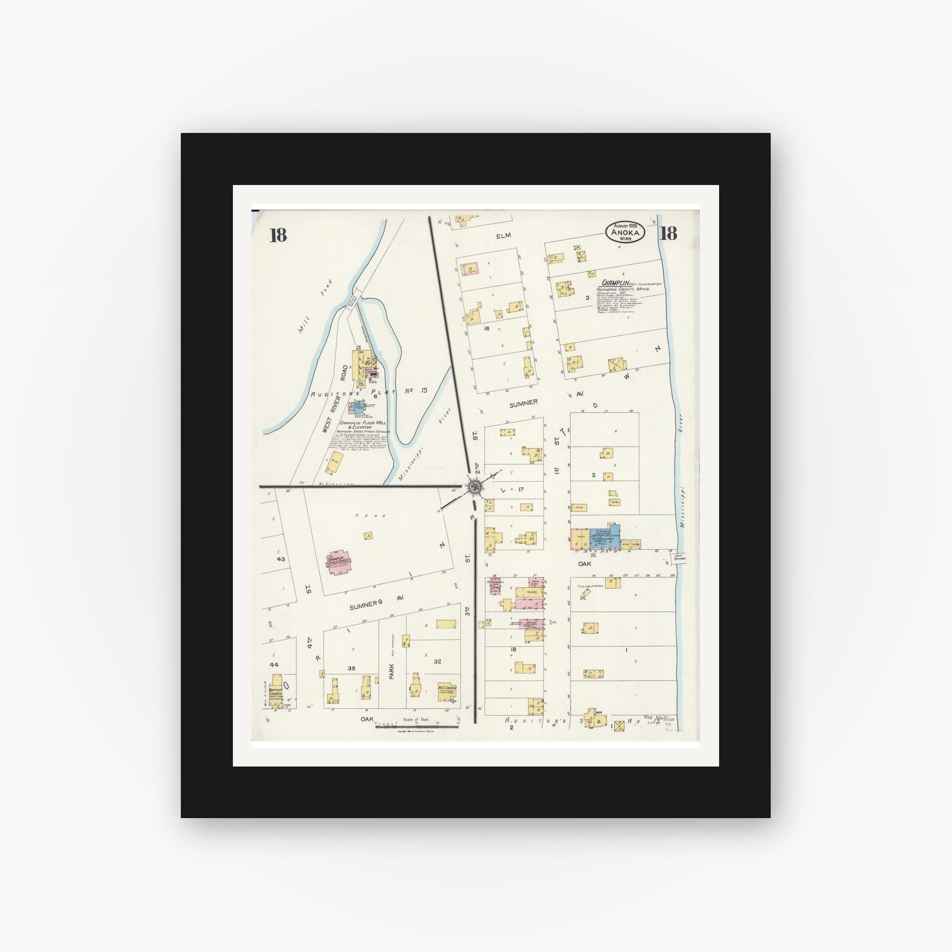Old map wall art mockup — black gallery frame with white mat — Sanborn Fire Insurance Map from Anoka, Anoka County, Minnesota (1925), Sheet #0018