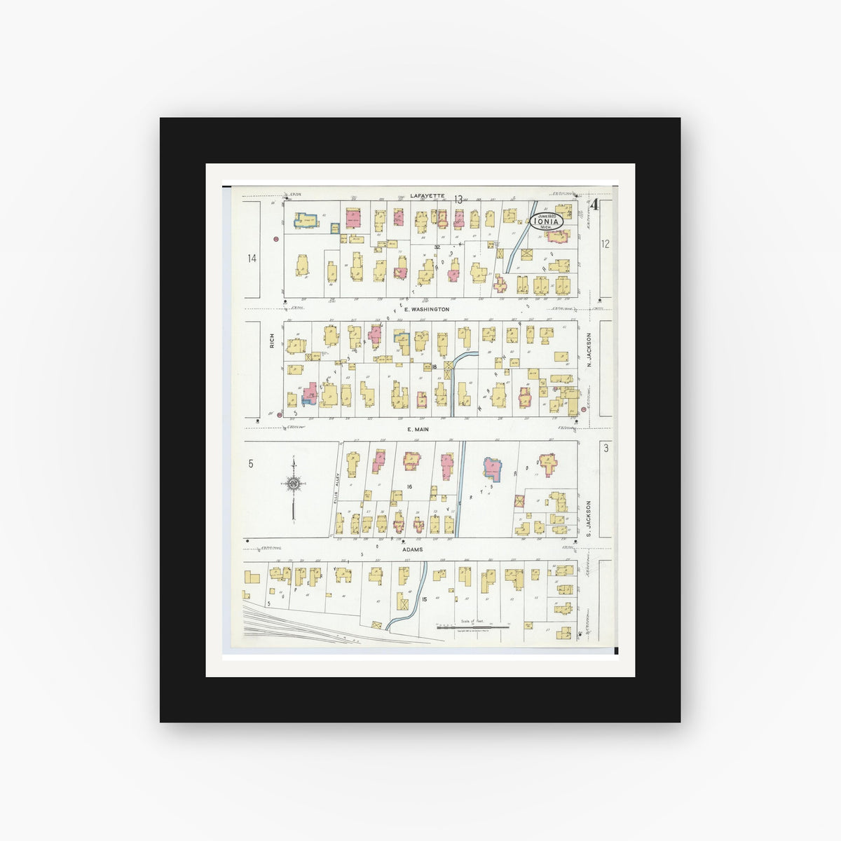Old map wall art mockup — black gallery frame with white mat — Sanborn Fire Insurance Map from Ionia, Ionia County, Michigan (1920), Sheet #0004