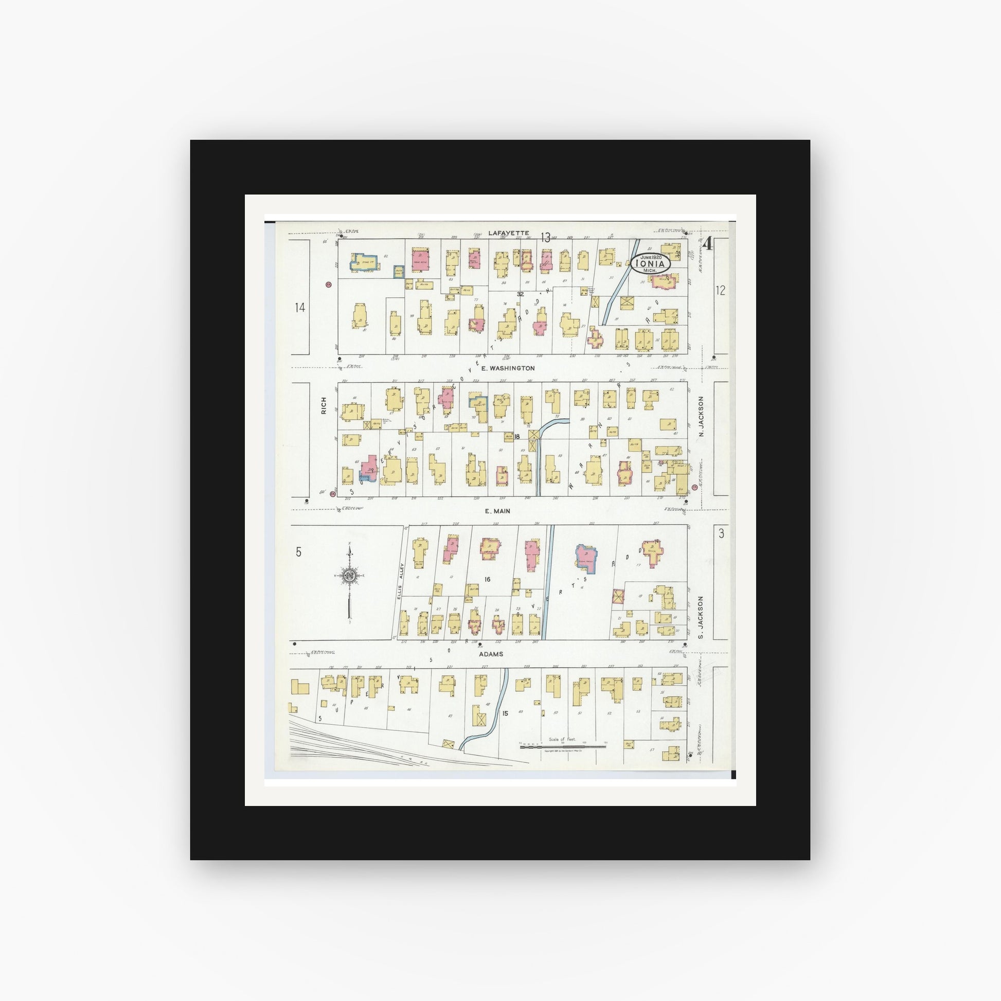 Old map wall art mockup — black gallery frame with white mat — Sanborn Fire Insurance Map from Ionia, Ionia County, Michigan (1920), Sheet #0004