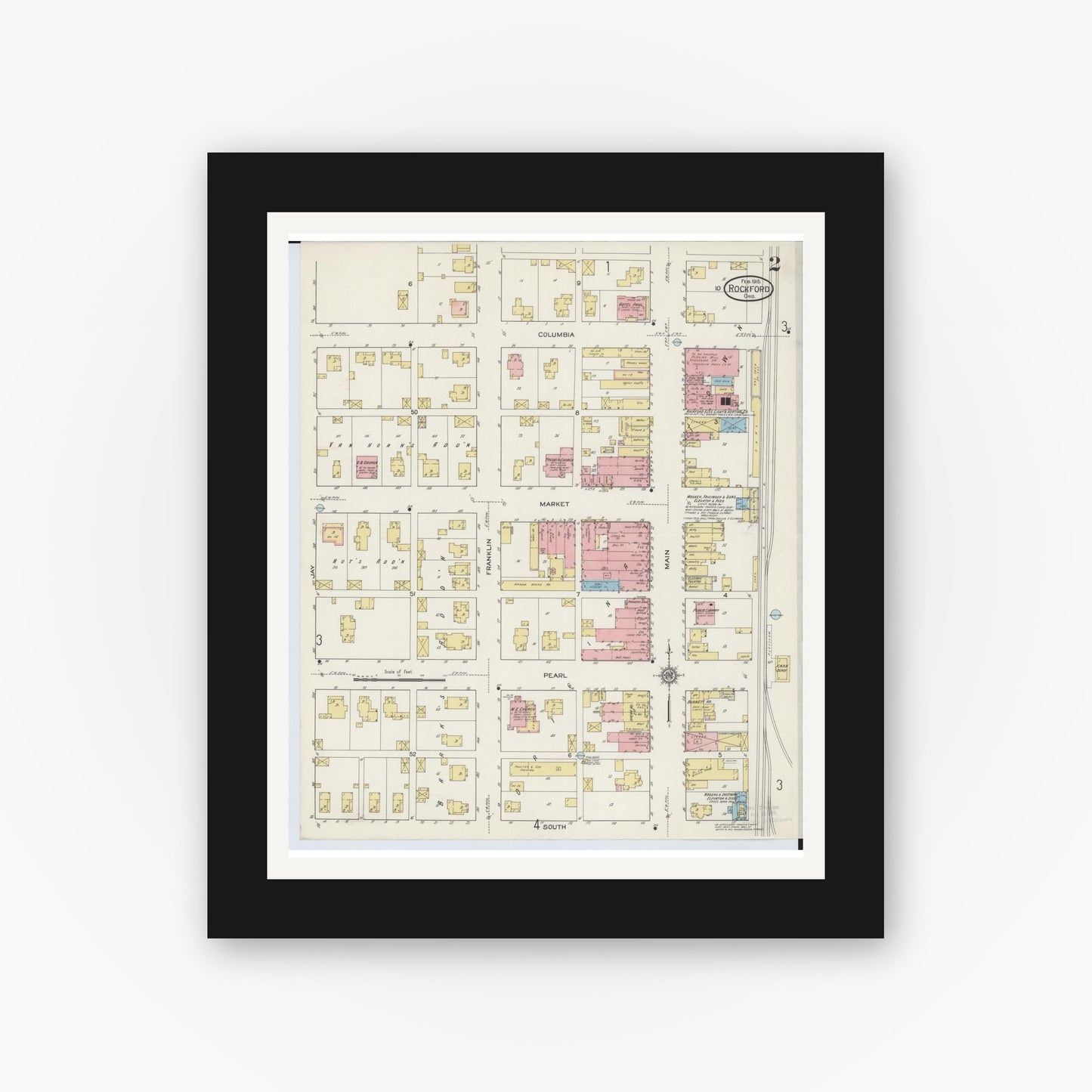 Old map wall art mockup — black gallery frame with white mat — Sanborn Fire Insurance Map from Rockford, Mercer County, Ohio (1915), Sheet #0002