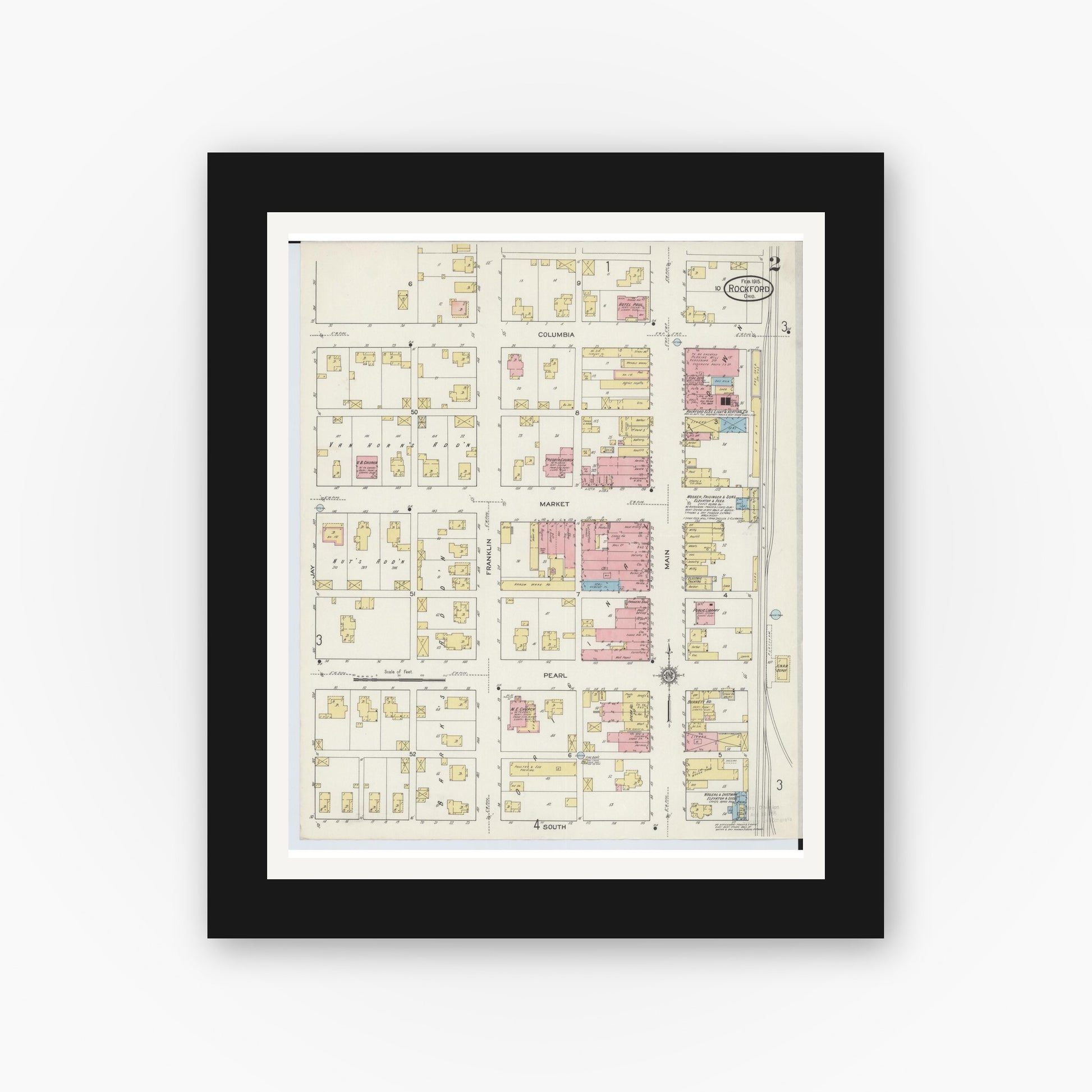 Old map wall art mockup — black gallery frame with white mat — Sanborn Fire Insurance Map from Rockford, Mercer County, Ohio (1915), Sheet #0002