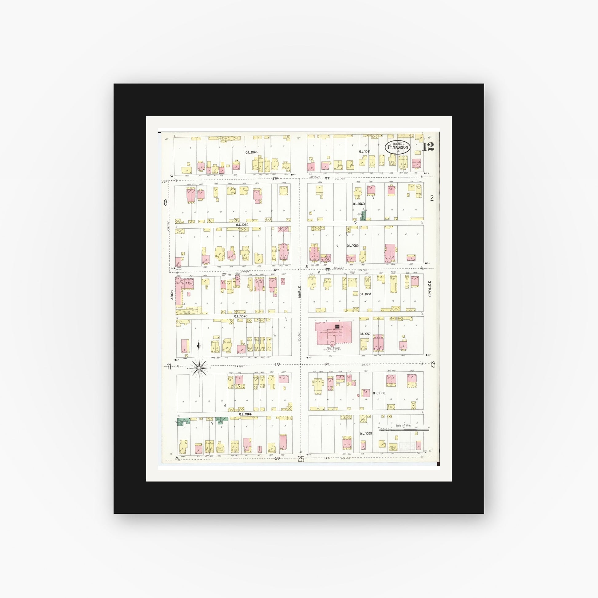 Old map wall art mockup — black gallery frame with white mat — Sanborn Fire Insurance Map from Fort Madison, Lee County, Iowa (1907), Sheet #0012