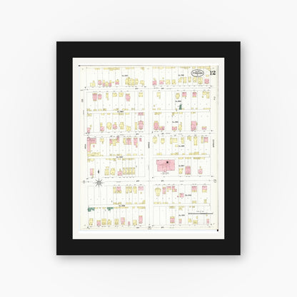 Old map wall art mockup — black gallery frame with white mat — Sanborn Fire Insurance Map from Fort Madison, Lee County, Iowa (1907), Sheet #0012