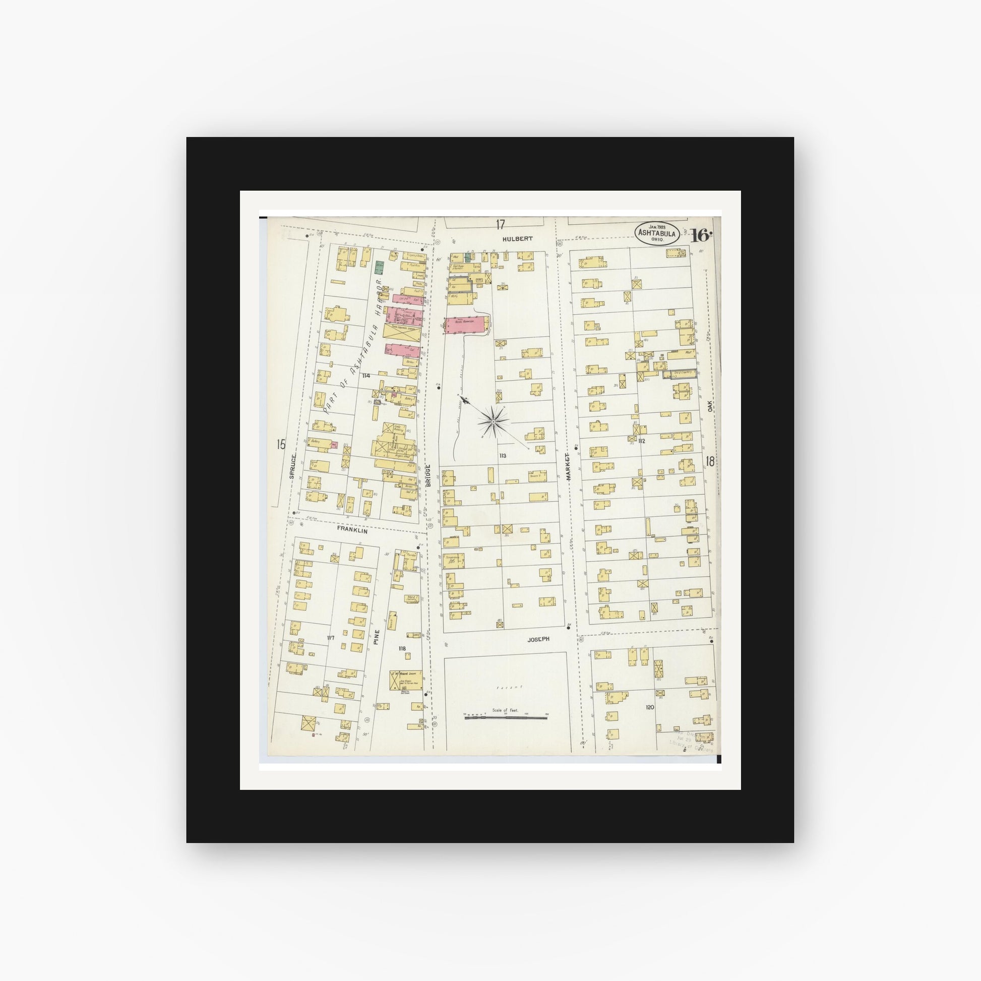 Old map wall art mockup — black gallery frame with white mat — Sanborn Fire Insurance Map from Ashtabula, Ashtabula County, Ohio (1903), Sheet #0016