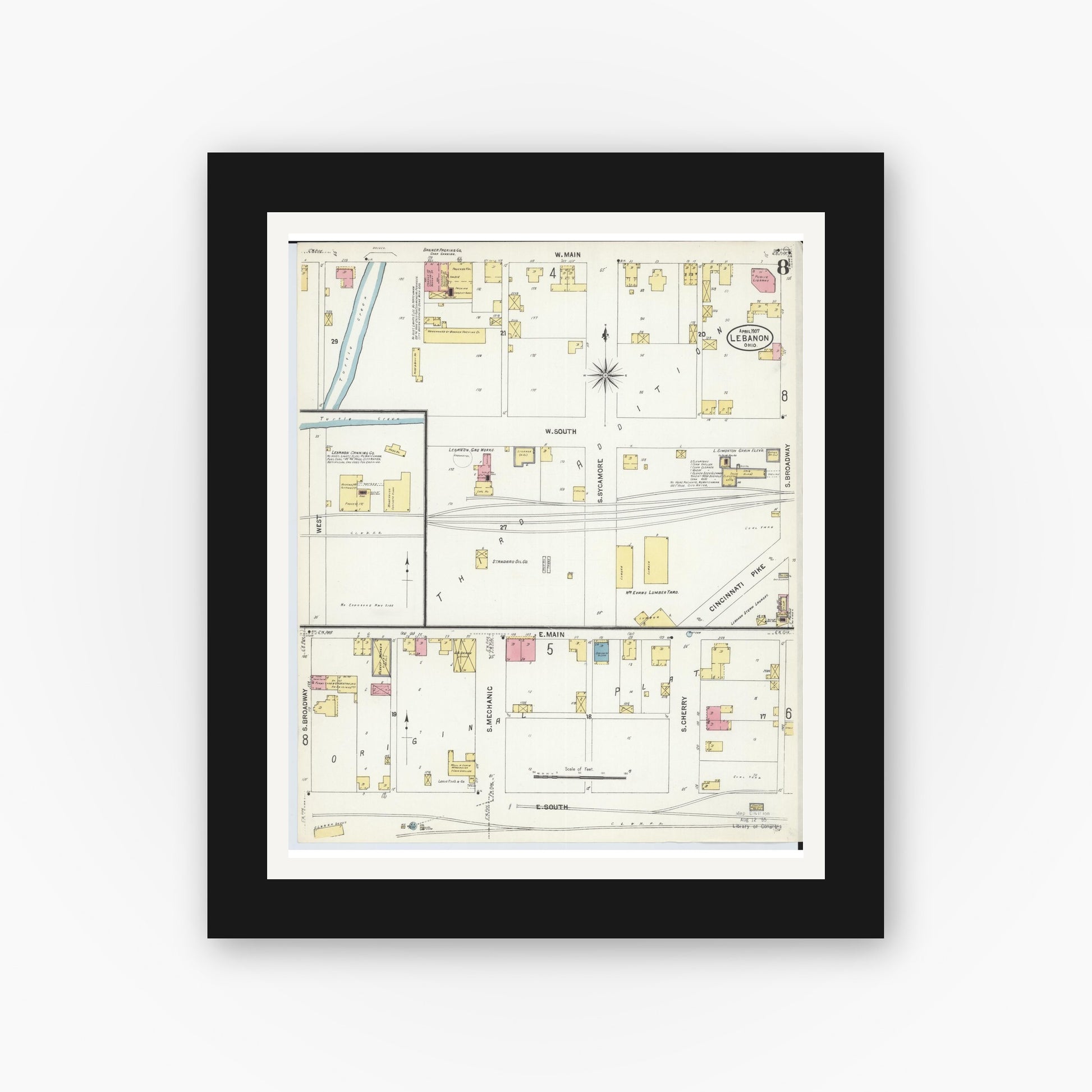 Old map wall art mockup — black gallery frame with white mat — Sanborn Fire Insurance Map from Lebanon, Warren County, Ohio (1907), Sheet #0008
