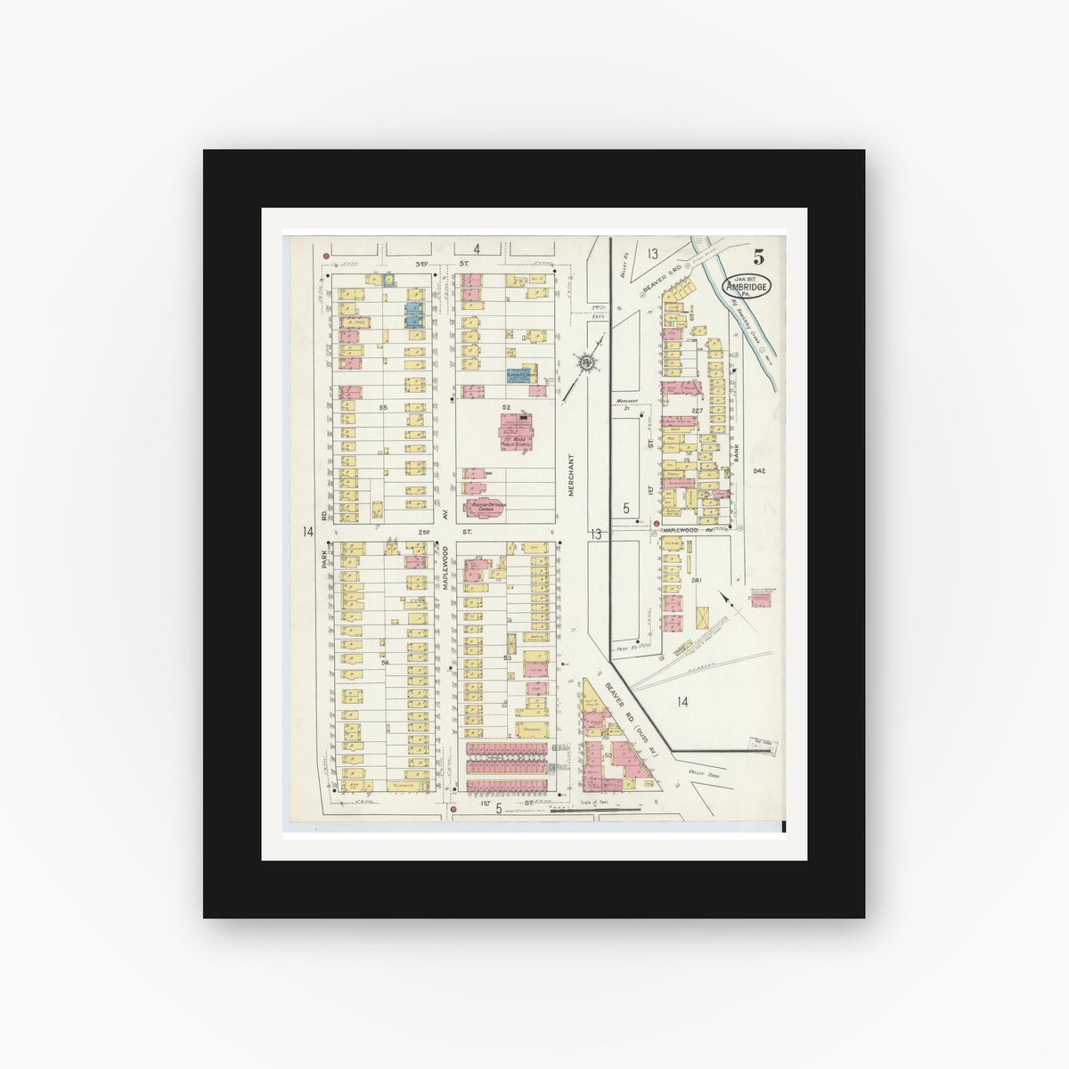 Old map wall art mockup — black gallery frame with white mat — Sanborn Fire Insurance Map from Ambridge, Beaver County, Pennsylvania (1917), Sheet #0005