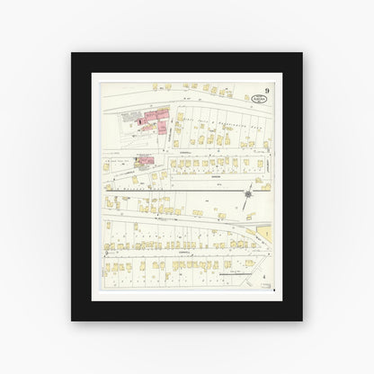 Old map wall art mockup — black gallery frame with white mat — Sanborn Fire Insurance Map from Aurora, Dearborn County, Indiana (1911), Sheet #0009