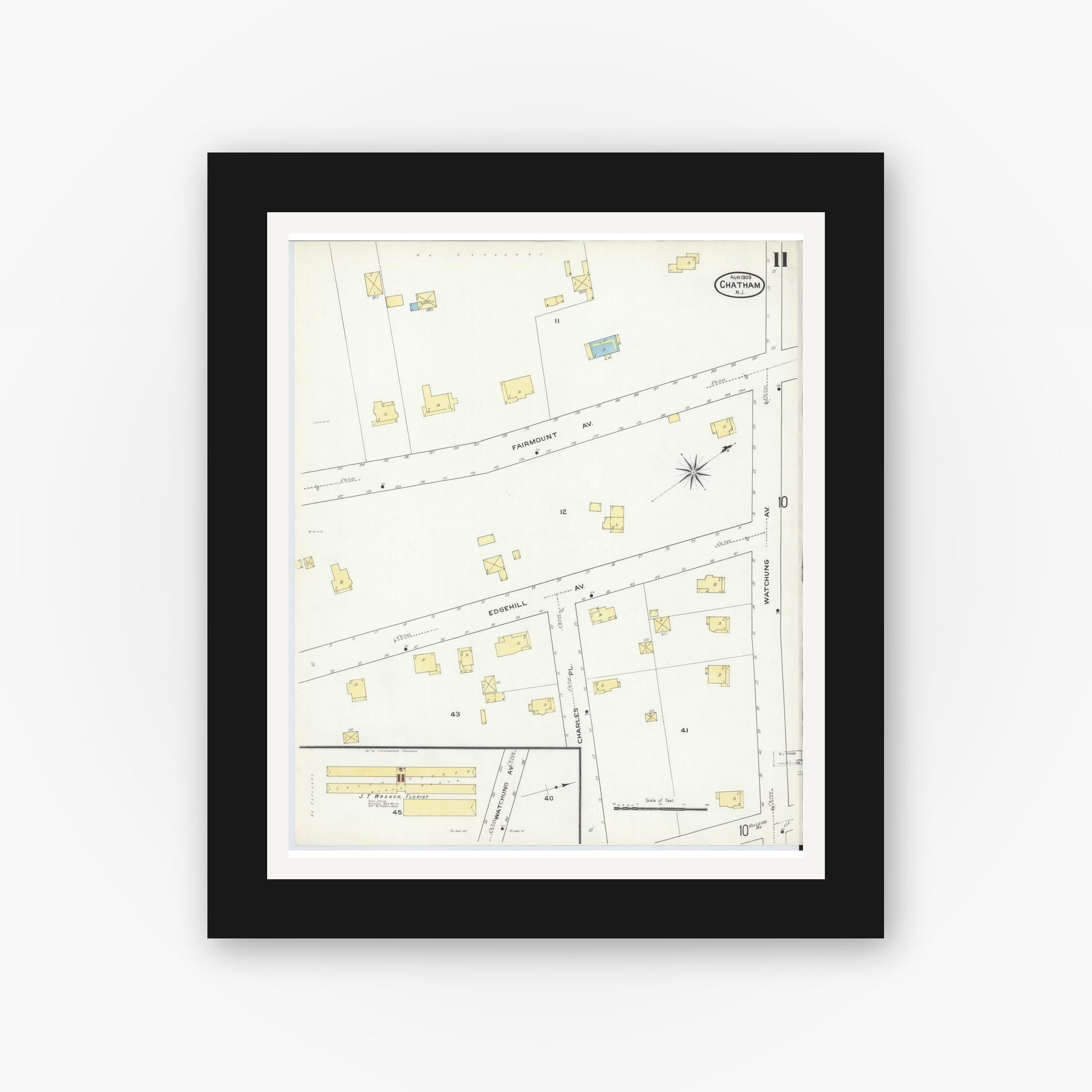 Old map wall art mockup — black gallery frame with white mat — Sanborn Fire Insurance Map from Chatham, Morris County, New Jersey (1909), Sheet #0011