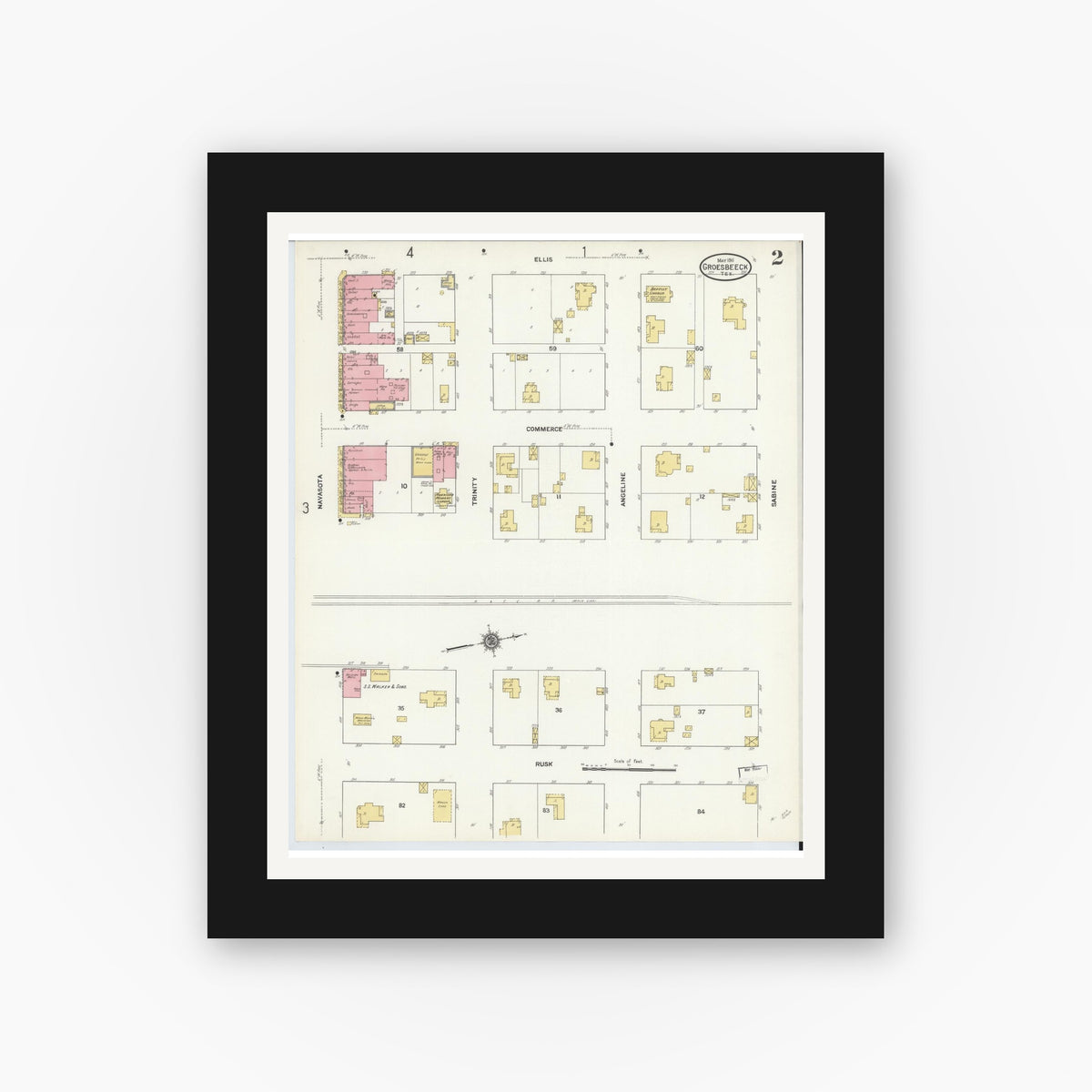 Old map wall art mockup — black gallery frame with white mat — Sanborn Fire Insurance Map from Groesbeck, Limestone County, Texas (1911), Sheet #0002