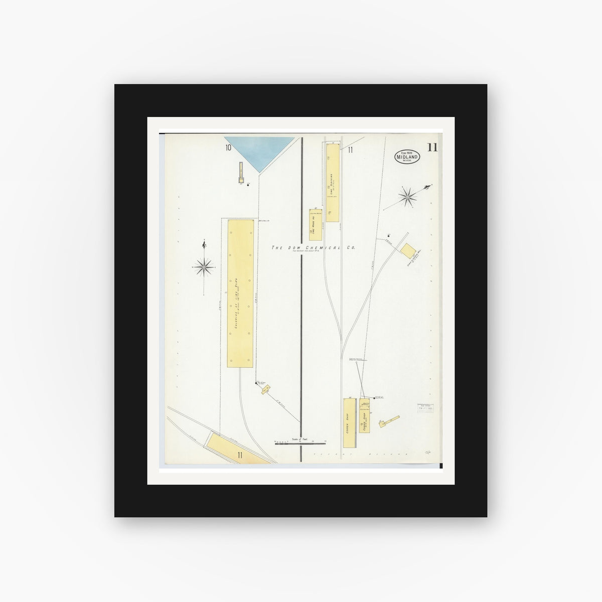 Old map wall art mockup — black gallery frame with white mat — Sanborn Fire Insurance Map from Midland, Midland County, Michigan (1909), Sheet #0011