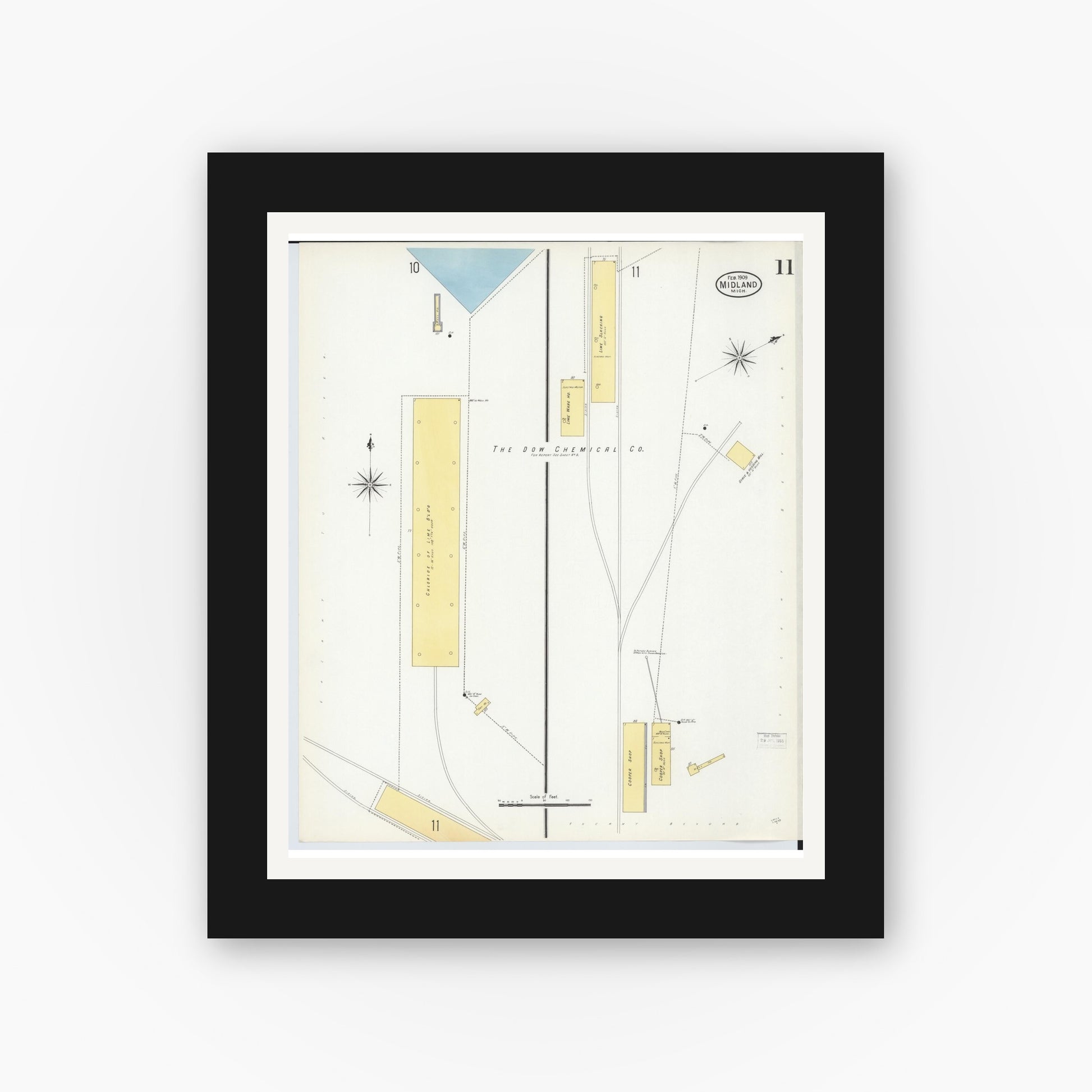 Old map wall art mockup — black gallery frame with white mat — Sanborn Fire Insurance Map from Midland, Midland County, Michigan (1909), Sheet #0011