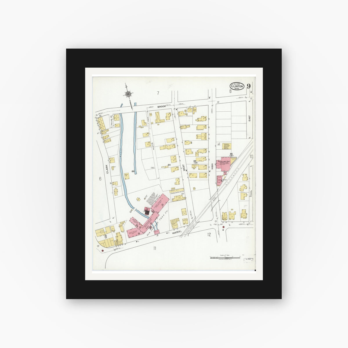 Old map wall art mockup — black gallery frame with white mat — Sanborn Fire Insurance Map from Clinton, Worcester County, Massachusetts (1919), Sheet #0009