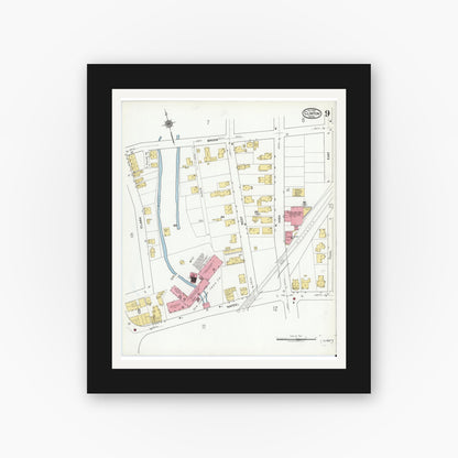 Old map wall art mockup — black gallery frame with white mat — Sanborn Fire Insurance Map from Clinton, Worcester County, Massachusetts (1919), Sheet #0009