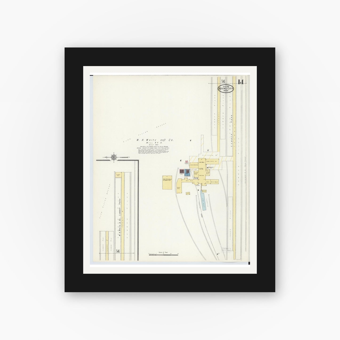 Old map wall art mockup — black gallery frame with white mat — Sanborn Fire Insurance Map from Boyne City, Charlevoix County, Michigan (1911), Sheet #0014