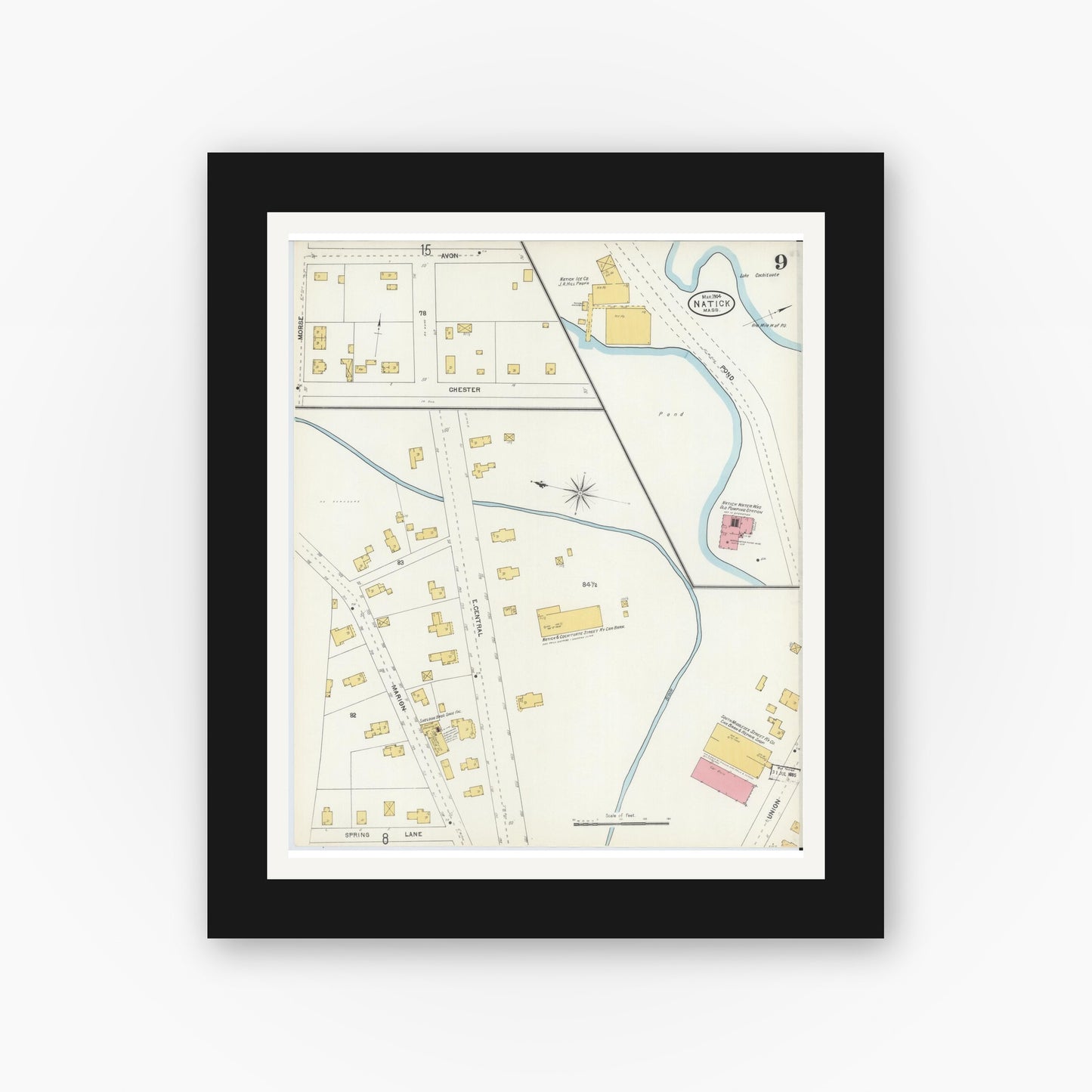 Old map wall art mockup — black gallery frame with white mat — Sanborn Fire Insurance Map from Natick, Middlesex County, Massachusetts (1904), Sheet #0009