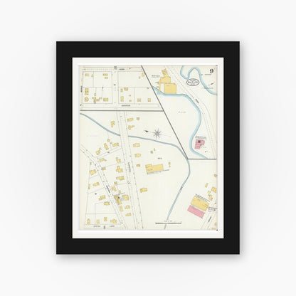 Old map wall art mockup — black gallery frame with white mat — Sanborn Fire Insurance Map from Natick, Middlesex County, Massachusetts (1904), Sheet #0009
