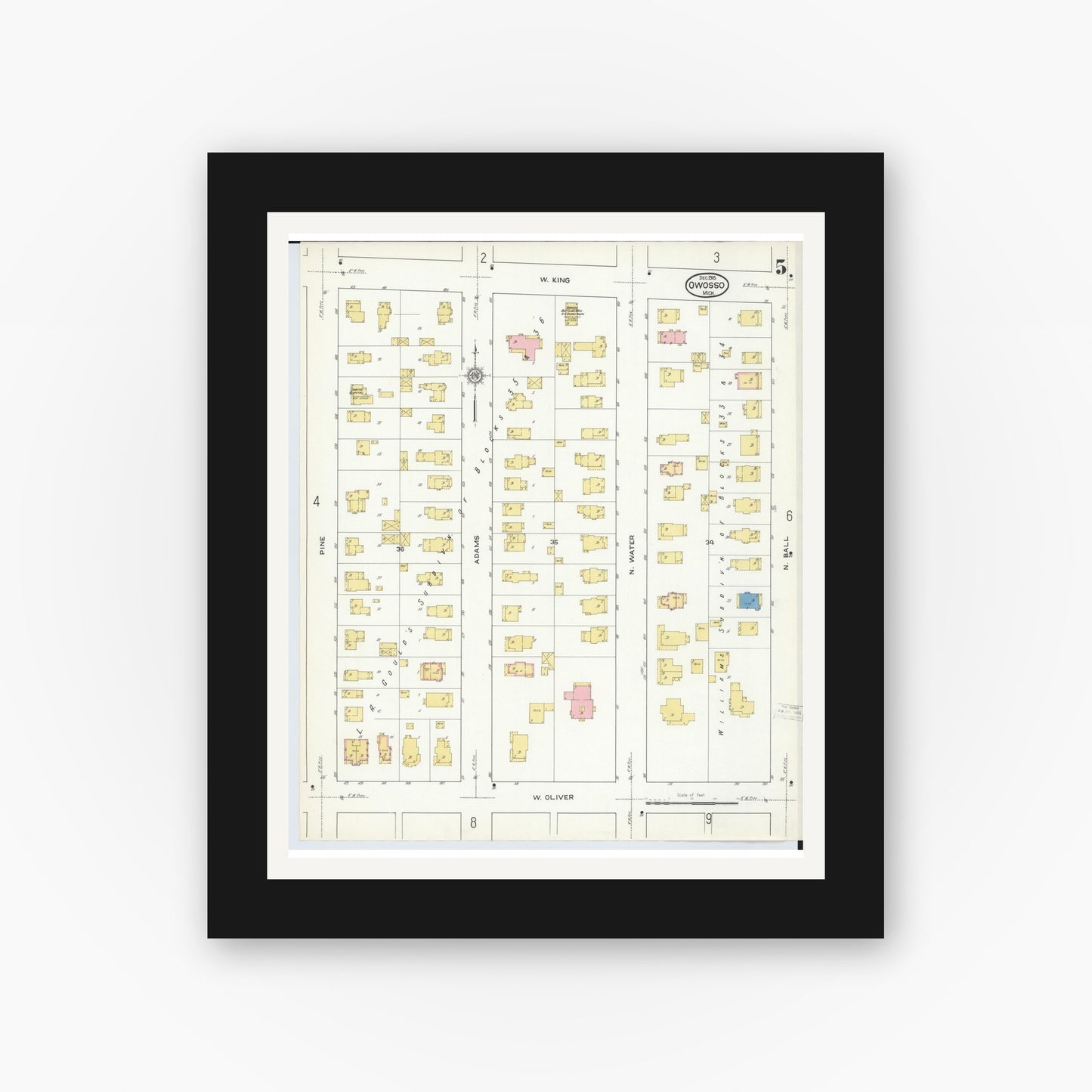 Old map wall art mockup — black gallery frame with white mat — Sanborn Fire Insurance Map from Owosso, Shiawassee County, Michigan (1915), Sheet #0005