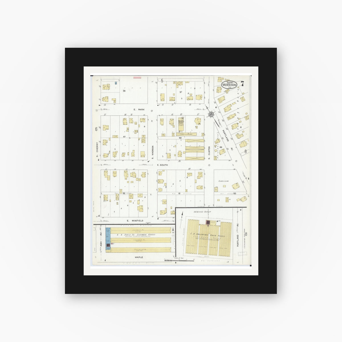 Old map wall art mockup — black gallery frame with white mat — Sanborn Fire Insurance Map from Morrison, Whiteside County, Illinois (1912), Sheet #0007