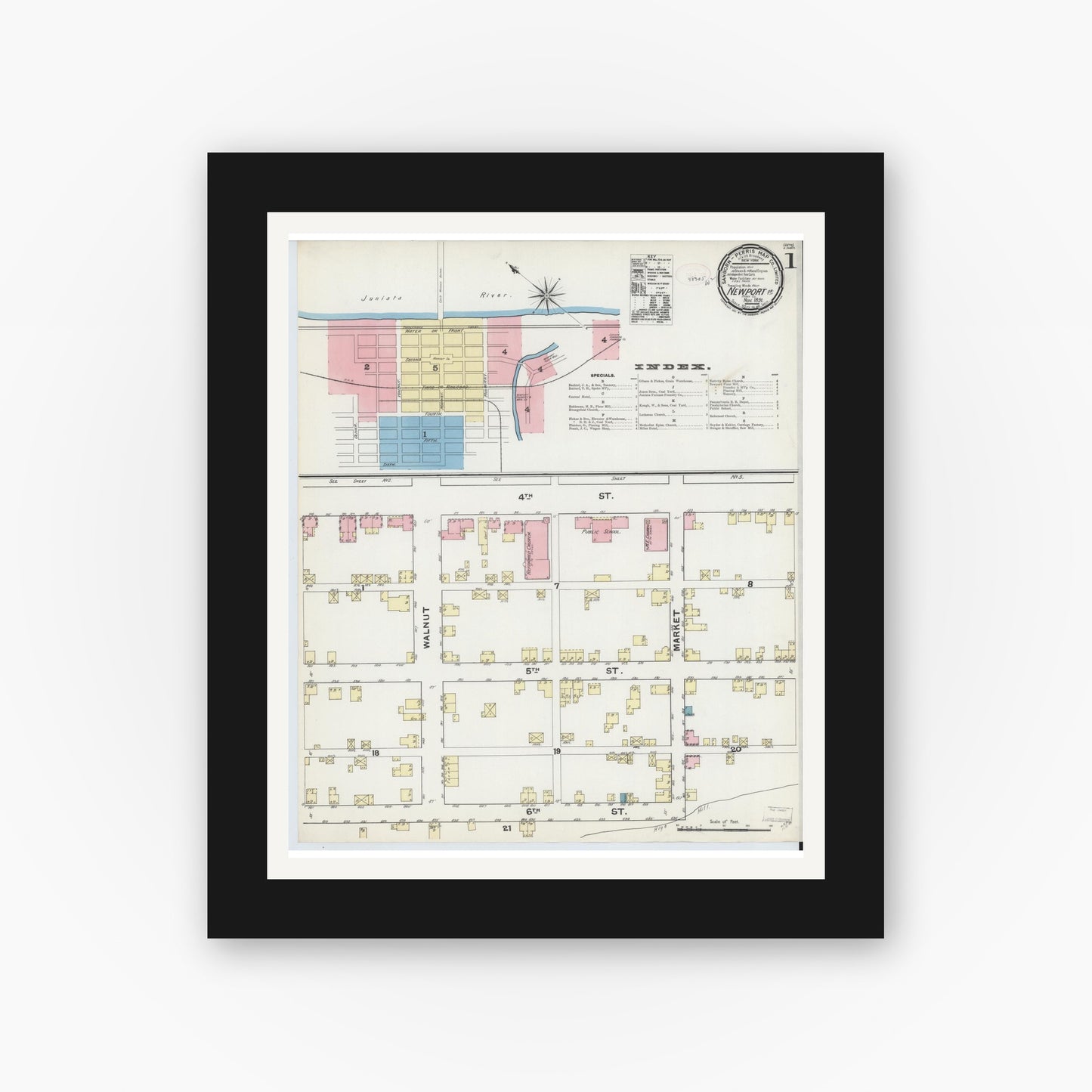 Old map wall art mockup — black gallery frame with white mat — Sanborn Fire Insurance Map from Newport, Perry County, Pennsylvania (1891), Sheet #0001