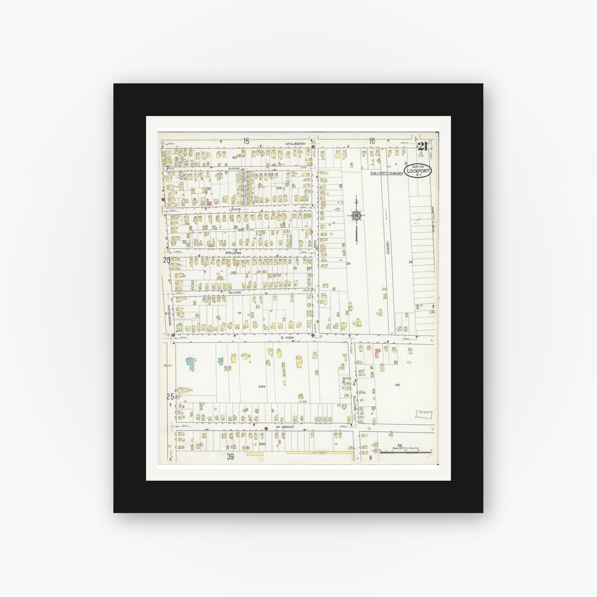 Old map wall art mockup — black gallery frame with white mat — Sanborn Fire Insurance Map from Lockport, Niagara County, New York (1914), Sheet #0021