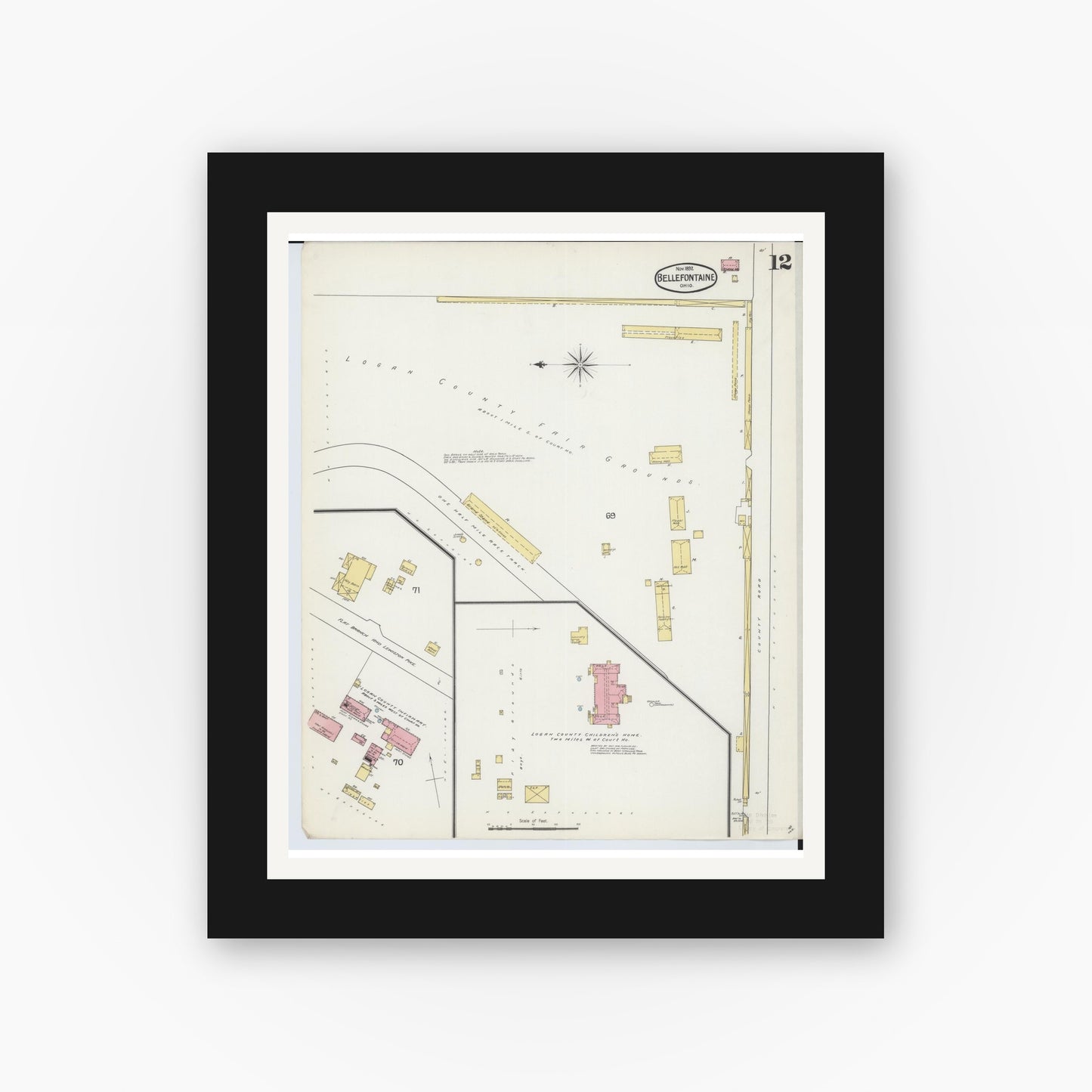 Old map wall art mockup — black gallery frame with white mat — Sanborn Fire Insurance Map from Bellefontaine, Logan County, Ohio (1892), Sheet #0012