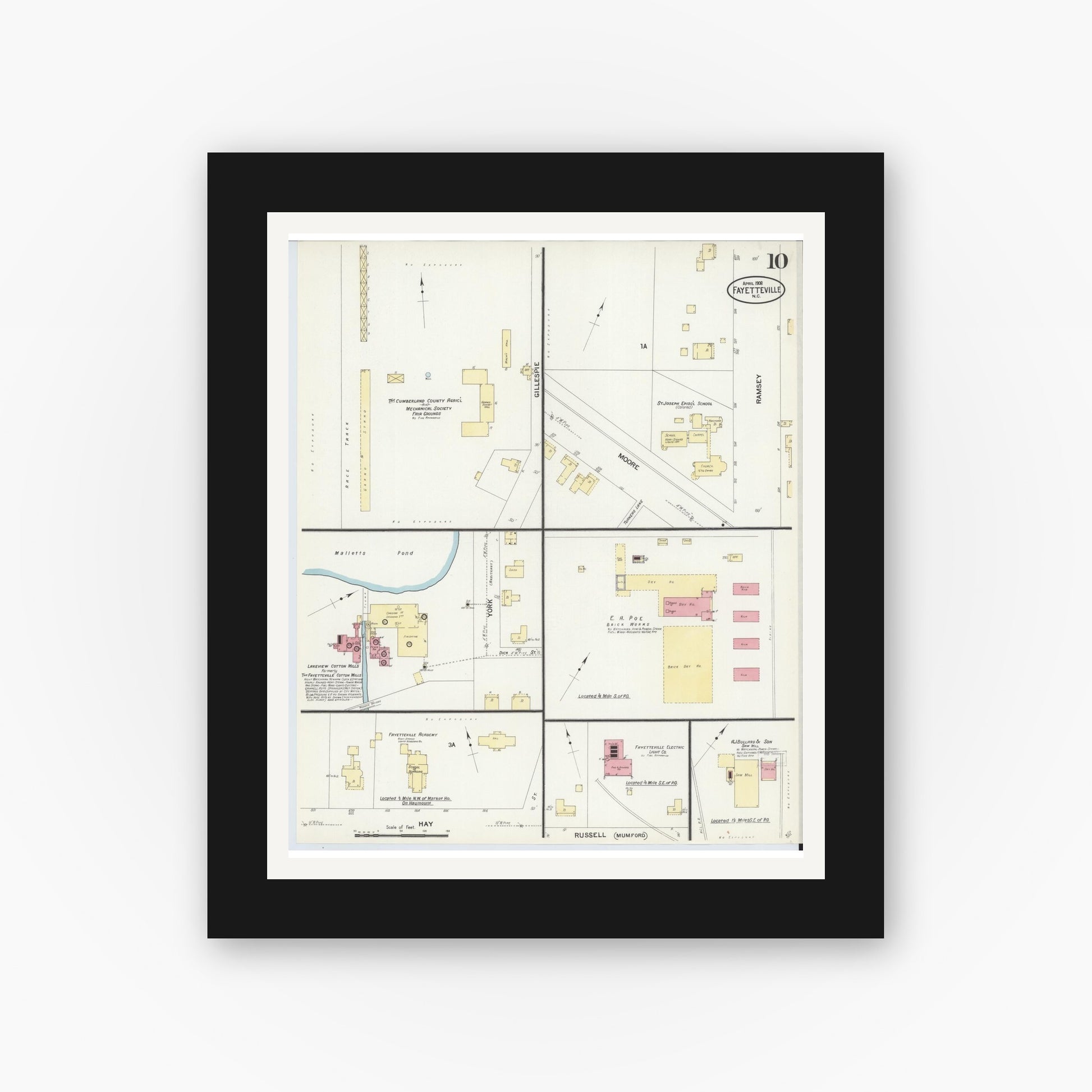 Old map wall art mockup — black gallery frame with white mat — Sanborn Fire Insurance Map from Fayetteville, Cumberland County, North Carolina (1908), Sheet #0010
