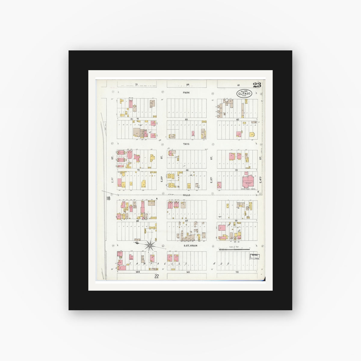 Old map wall art mockup — black gallery frame with white mat — Sanborn Fire Insurance Map from El Paso, El Paso County, Texas (1900), Sheet #0023