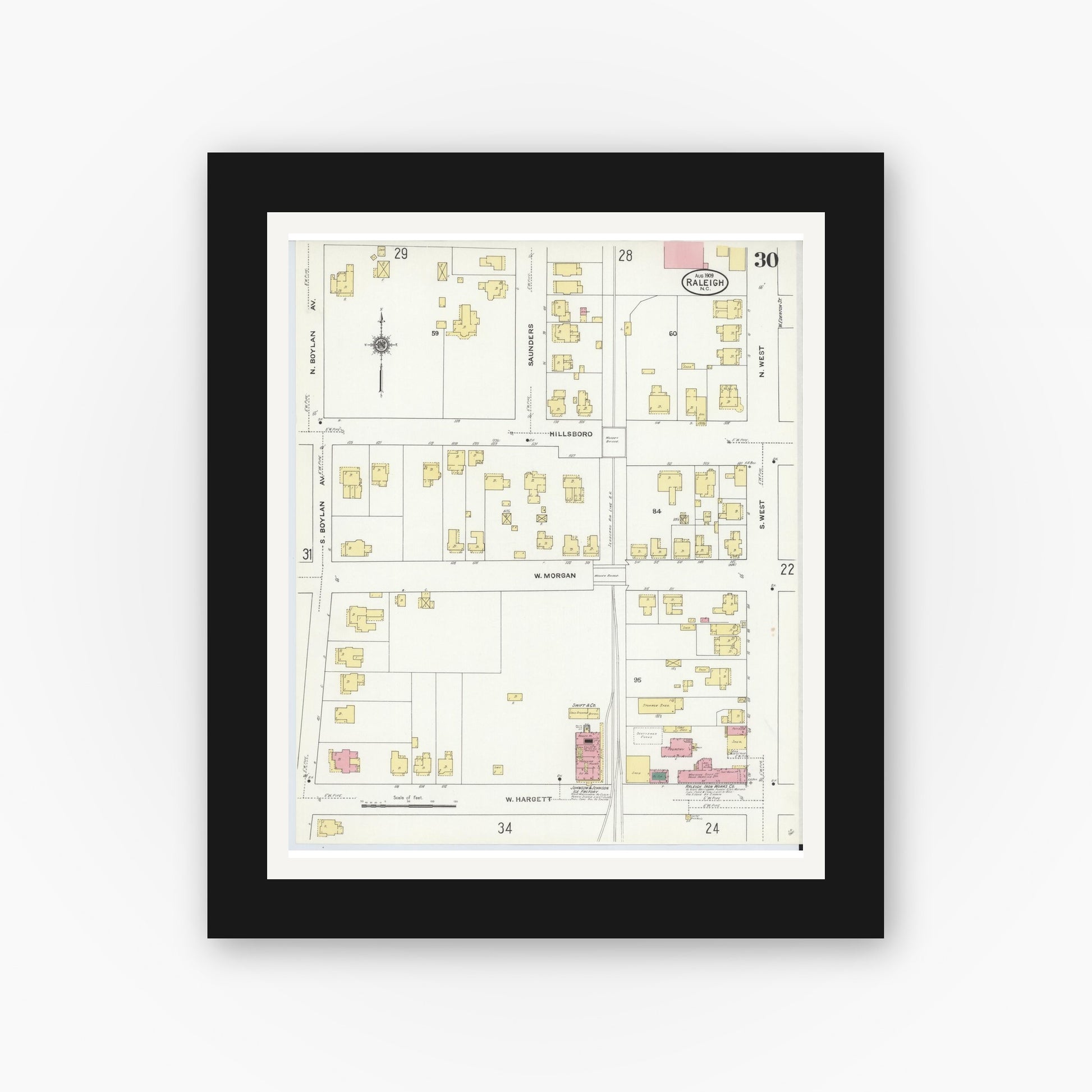 Old map wall art mockup — black gallery frame with white mat — Sanborn Fire Insurance Map from Raleigh, Wake County, North Carolina (1909), Sheet #0030