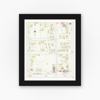 Old map wall art mockup — black gallery frame with white mat — Sanborn Fire Insurance Map from Raleigh, Wake County, North Carolina (1909), Sheet #0030