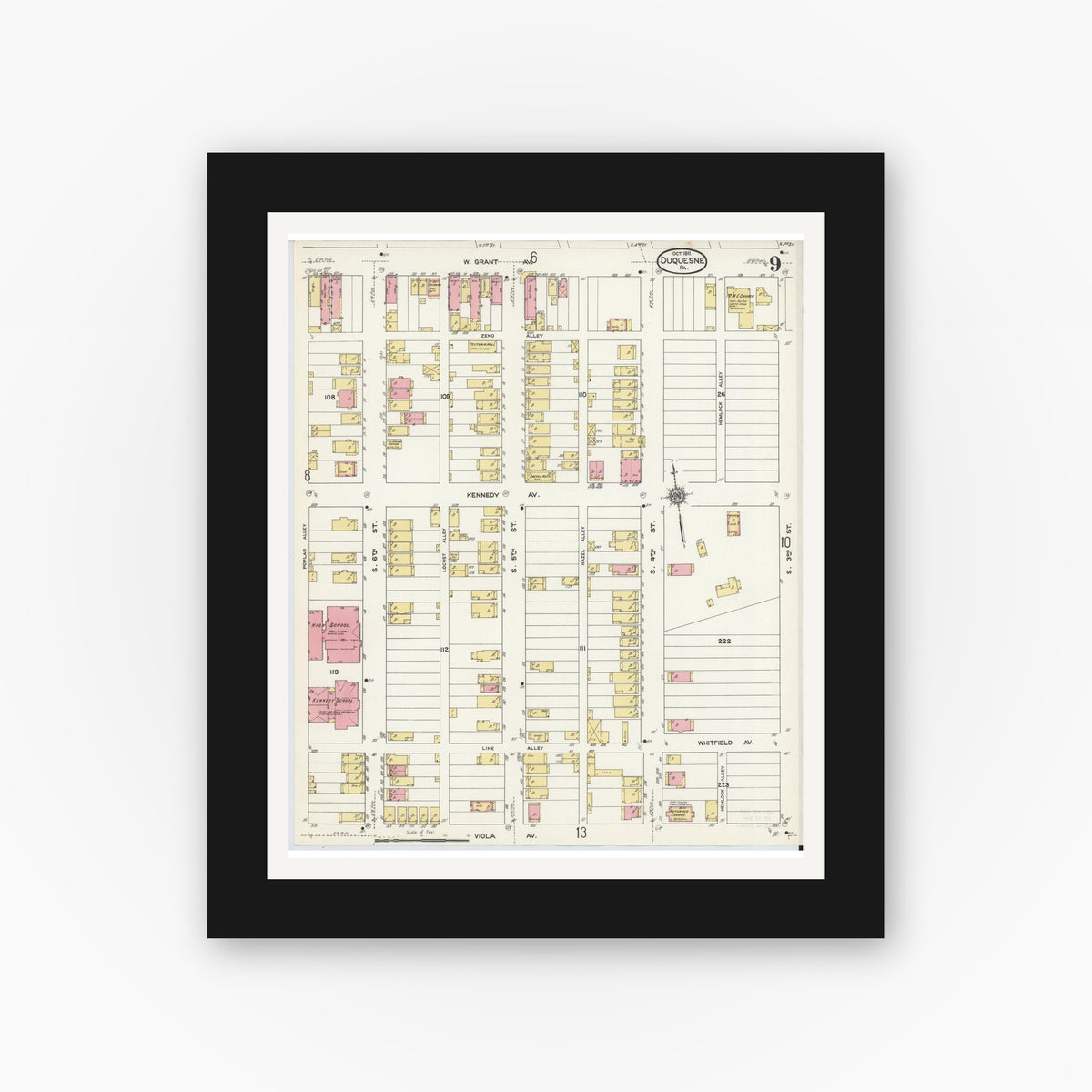 Old map wall art mockup — black gallery frame with white mat — Sanborn Fire Insurance Map from Duquesne, Allegheny County, Pennsylvania (1911), Sheet #0009