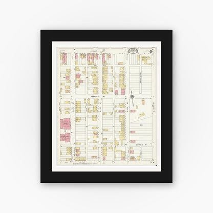 Old map wall art mockup — black gallery frame with white mat — Sanborn Fire Insurance Map from Duquesne, Allegheny County, Pennsylvania (1911), Sheet #0009