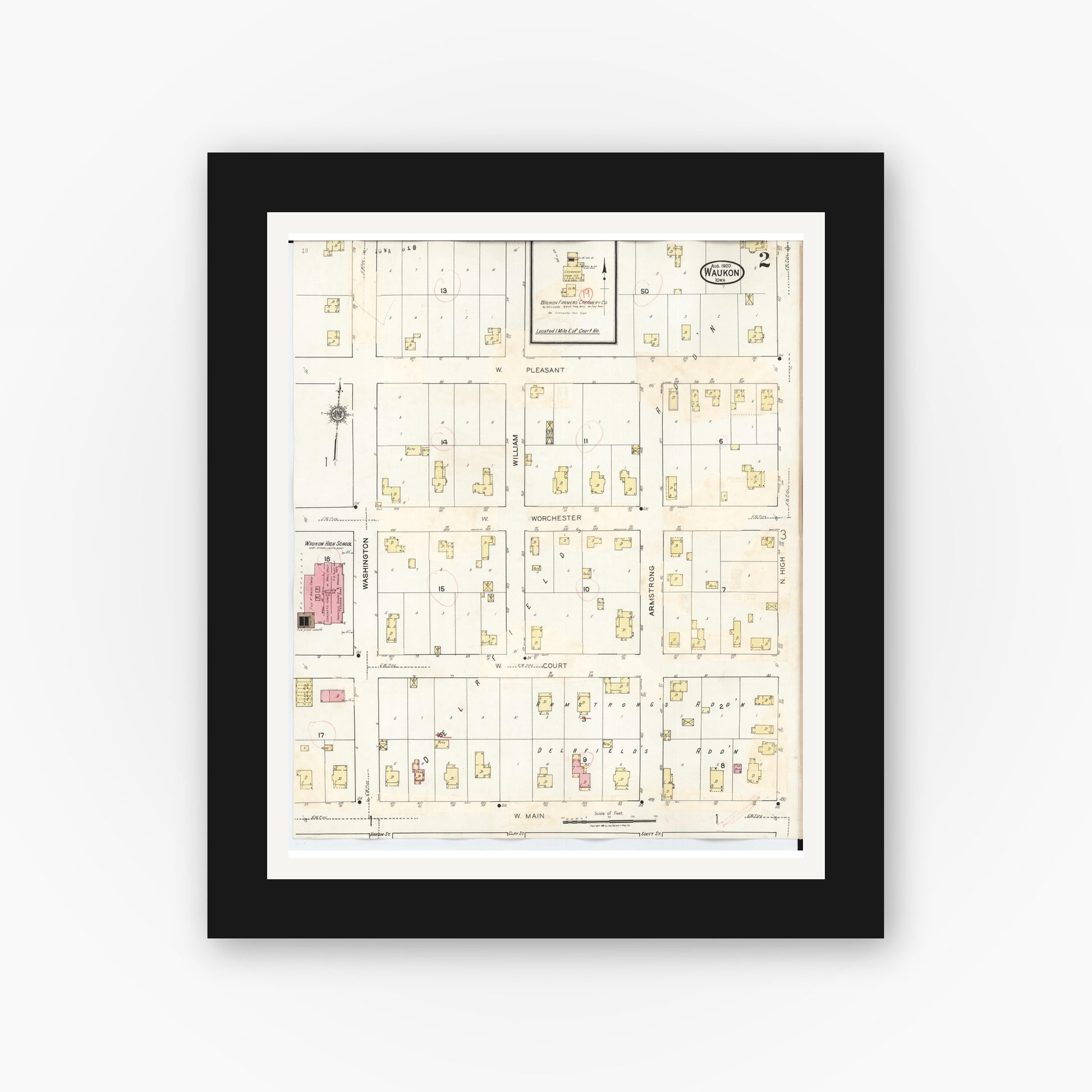 Old map wall art mockup — black gallery frame with white mat — Sanborn Fire Insurance Map from Waukon, Allamakee County, Iowa (1934), Sheet #0002