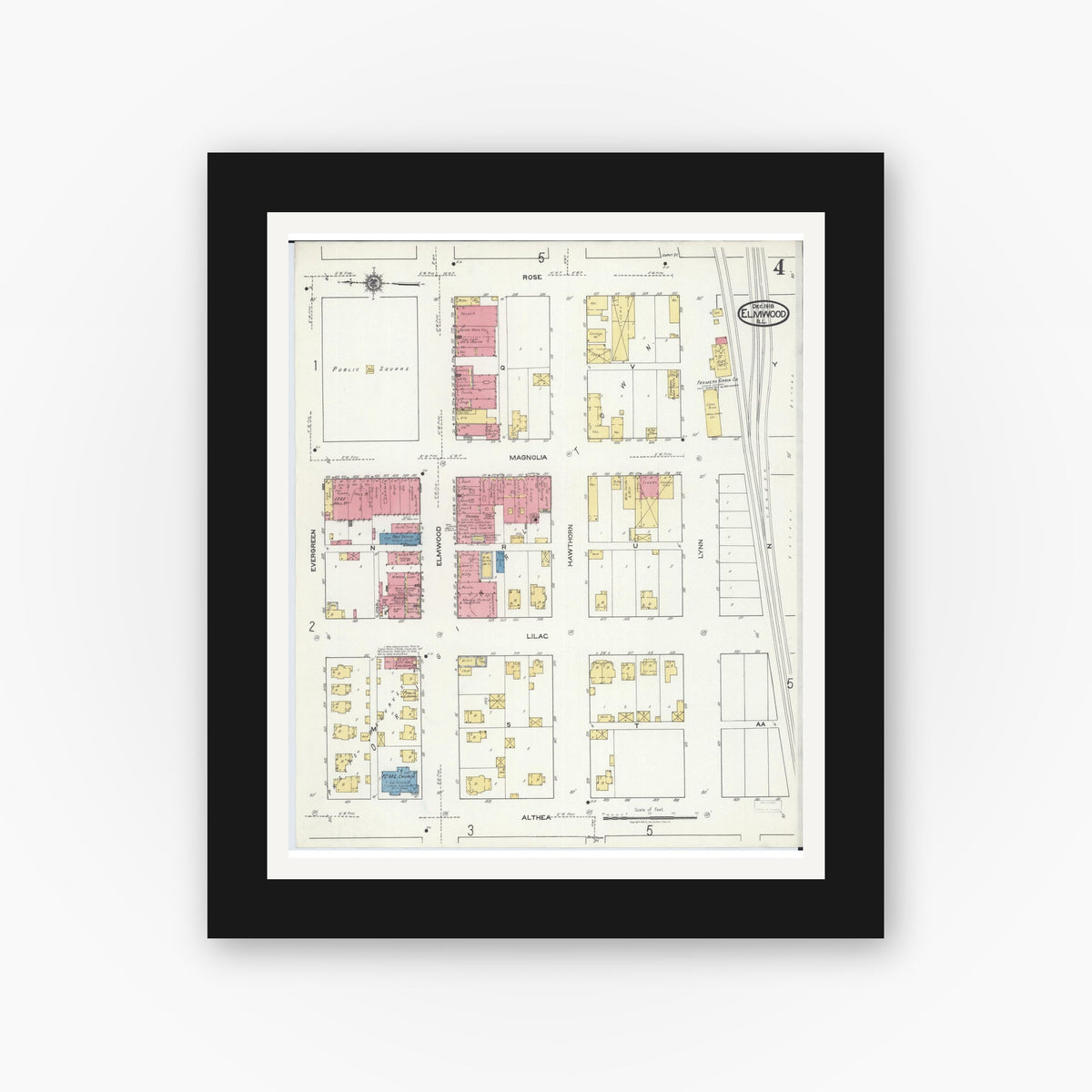 Old map wall art mockup — black gallery frame with white mat — Sanborn Fire Insurance Map from Elmwood, Peoria County, Illinois (1918), Sheet #0004