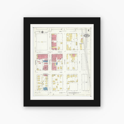 Old map wall art mockup — black gallery frame with white mat — Sanborn Fire Insurance Map from Elmwood, Peoria County, Illinois (1918), Sheet #0004