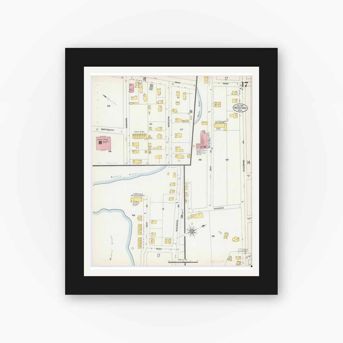 Old map wall art mockup — black gallery frame with white mat — Sanborn Fire Insurance Map from Medford, Middlesex County, Massachusetts (1903), Sheet #0017