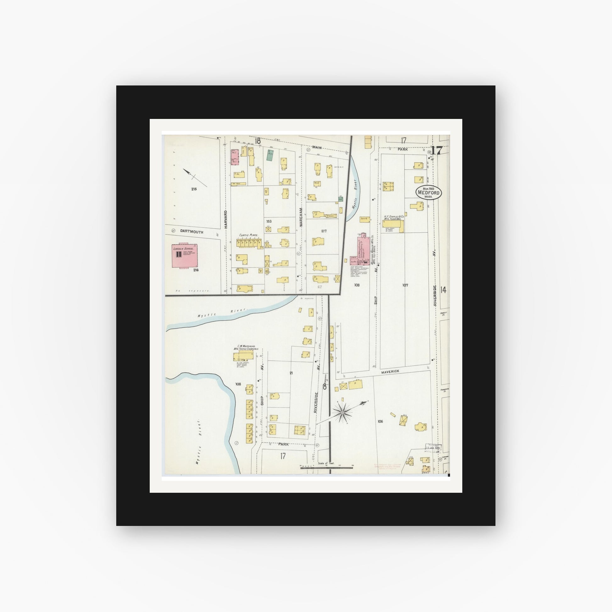Old map wall art mockup — black gallery frame with white mat — Sanborn Fire Insurance Map from Medford, Middlesex County, Massachusetts (1903), Sheet #0017