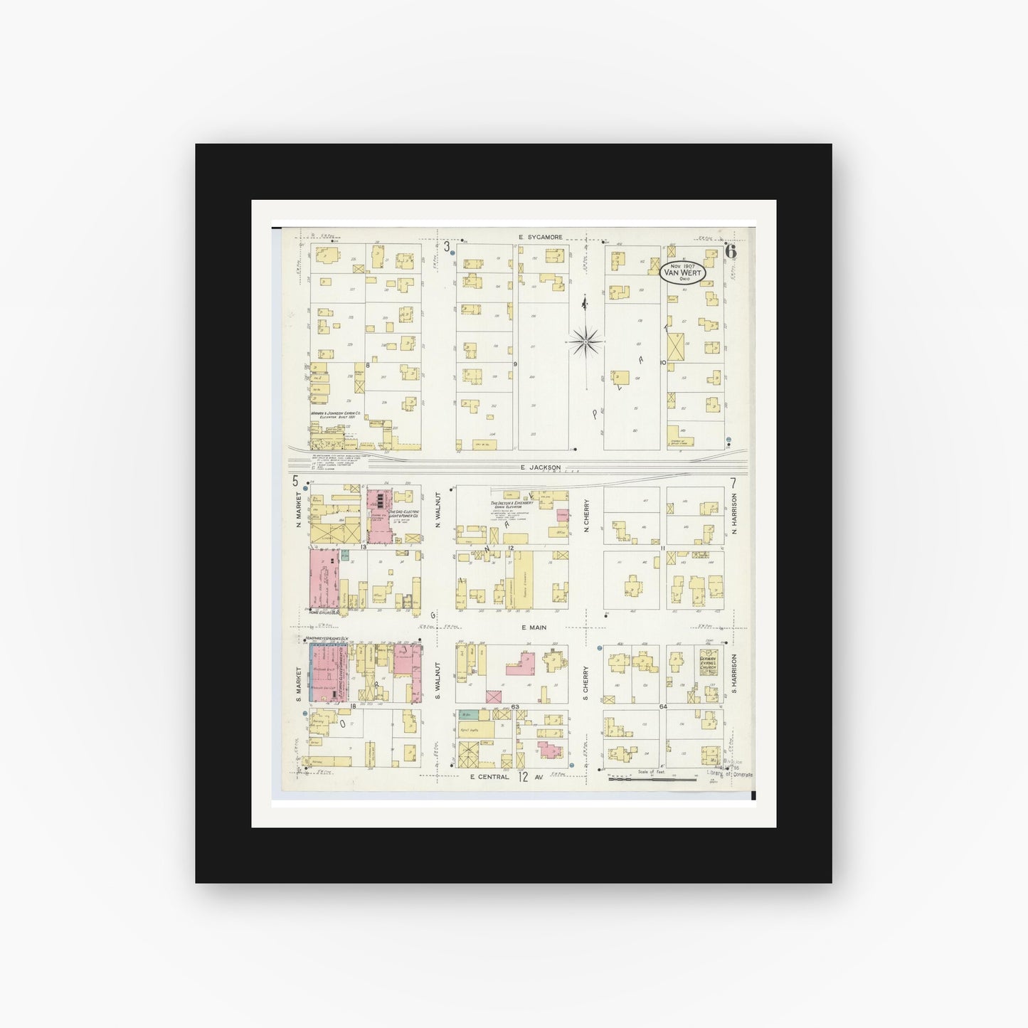 Old map wall art mockup — black gallery frame with white mat — Sanborn Fire Insurance Map from Van Wert, Van Wert County, Ohio (1907), Sheet #0006