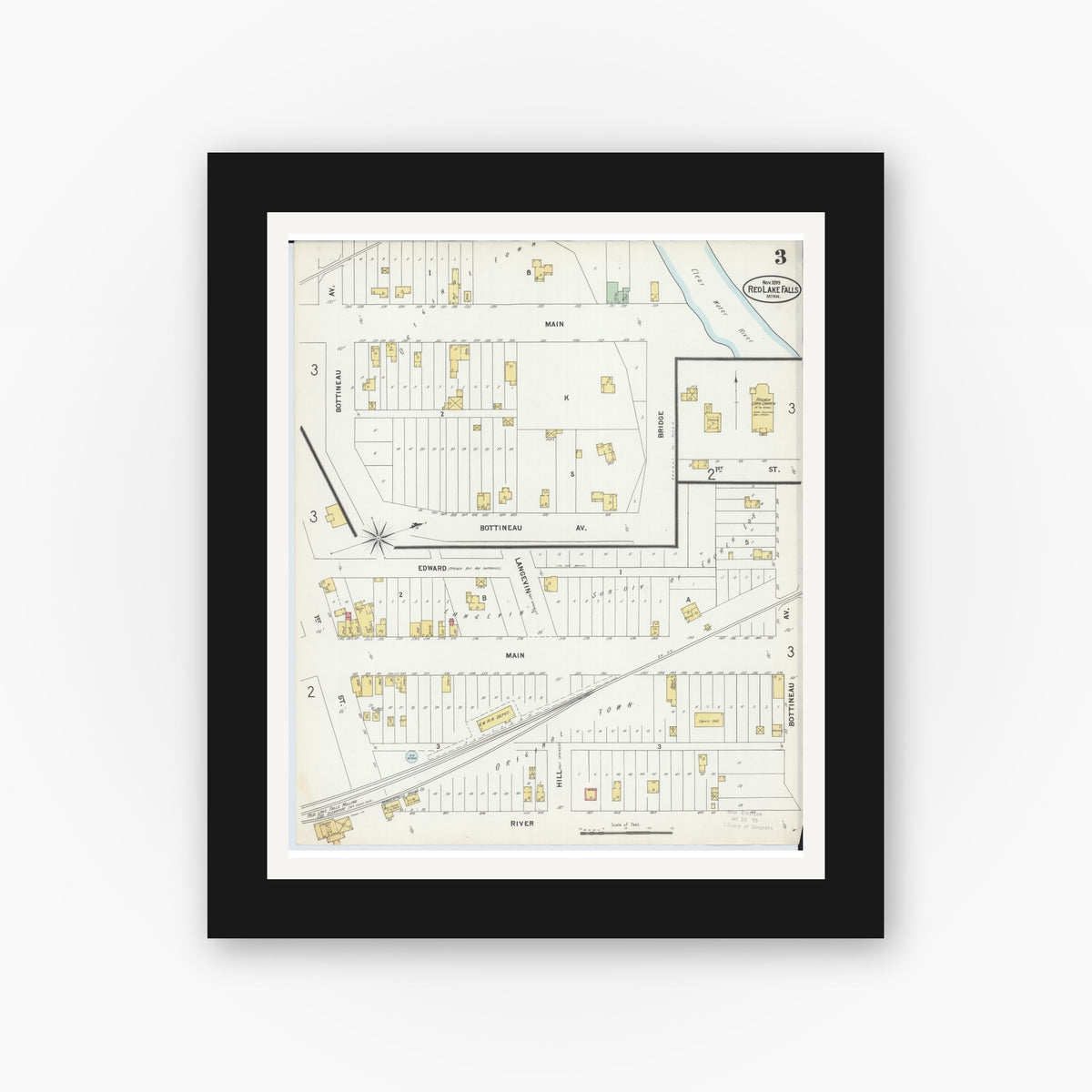 Old map wall art mockup — black gallery frame with white mat — Sanborn Fire Insurance Map from Red Lake Falls, Red Lake County, Minnesota (1899), Sheet #0003