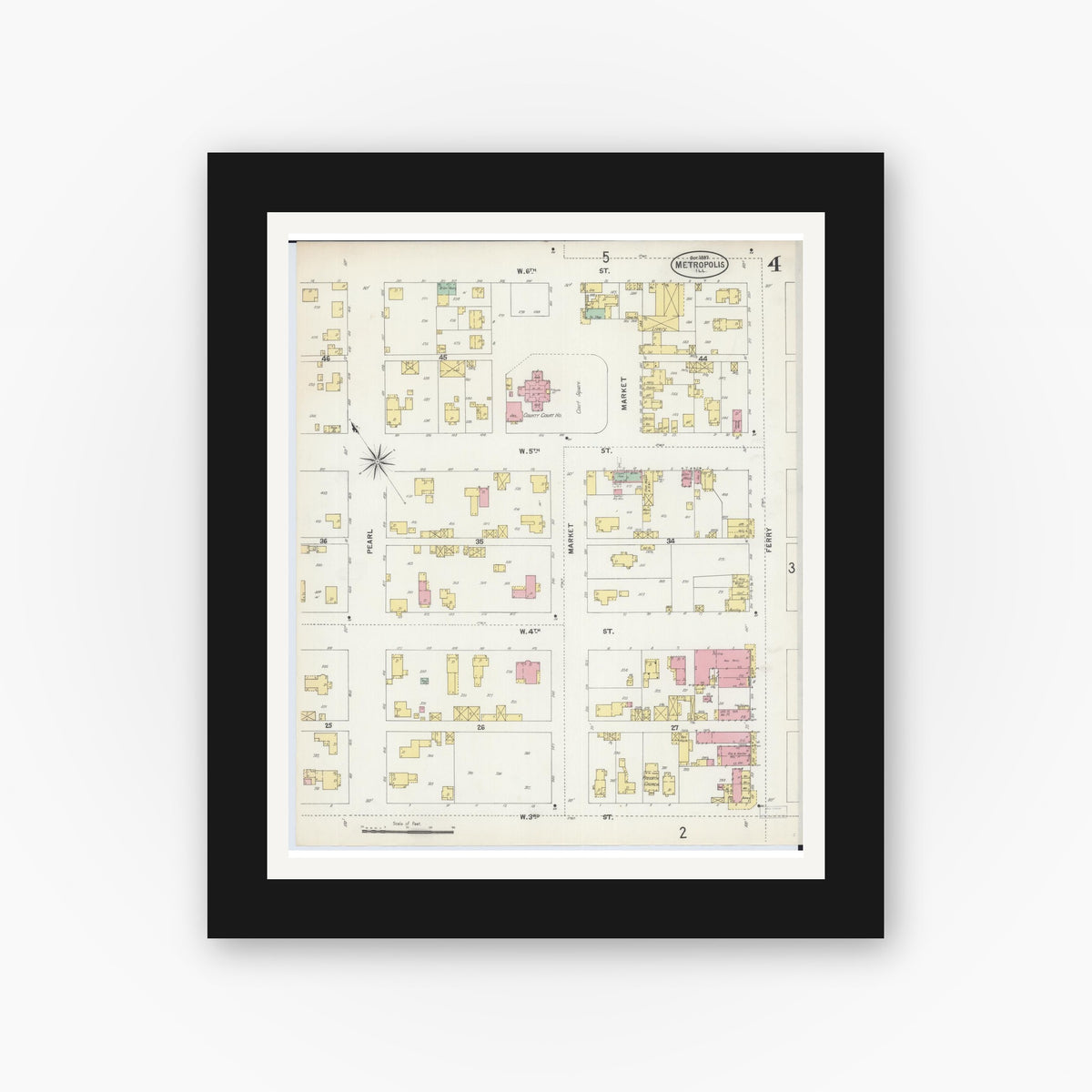 Old map wall art mockup — black gallery frame with white mat — Sanborn Fire Insurance Map from Metropolis, Massac County, Illinois (1897), Sheet #0004