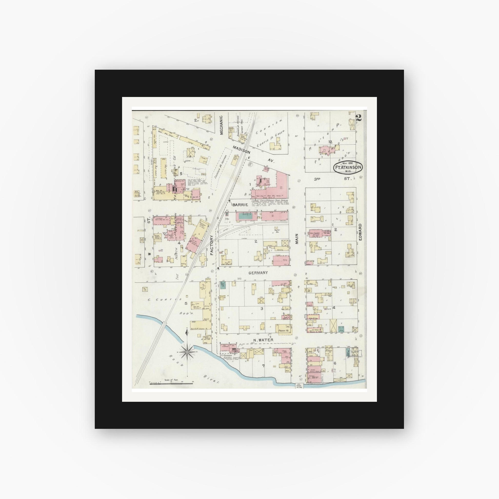 Old map wall art mockup — black gallery frame with white mat — Sanborn Fire Insurance Map from Fort Atkinson, Jefferson County, Wisconsin (1892), Sheet #0002
