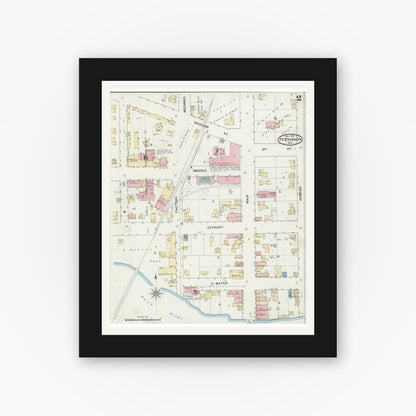 Old map wall art mockup — black gallery frame with white mat — Sanborn Fire Insurance Map from Fort Atkinson, Jefferson County, Wisconsin (1892), Sheet #0002