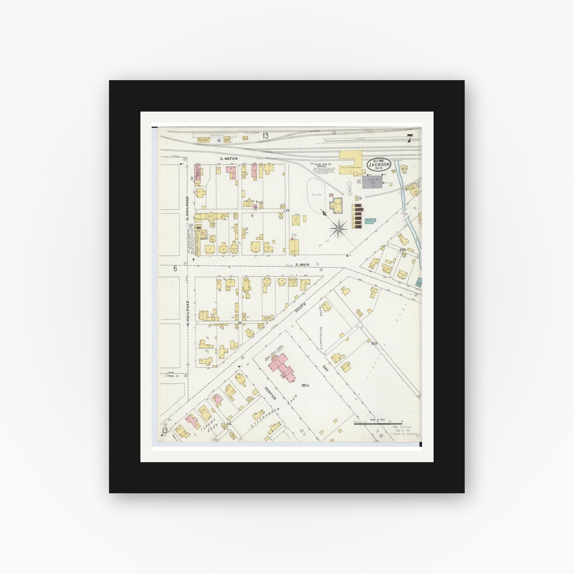 Old map wall art mockup — black gallery frame with white mat — Sanborn Fire Insurance Map from Jackson, Jackson County, Ohio (1905), Sheet #0007
