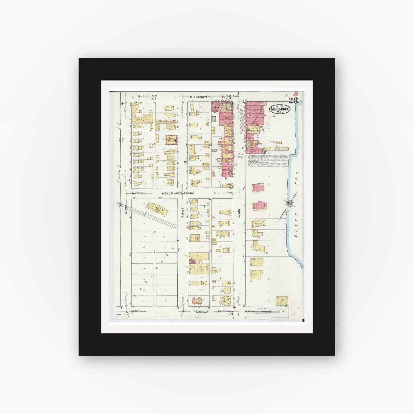 Old map wall art mockup — black gallery frame with white mat — Sanborn Fire Insurance Map from Menominee, Menominee County, Michigan (1921), Sheet #0028