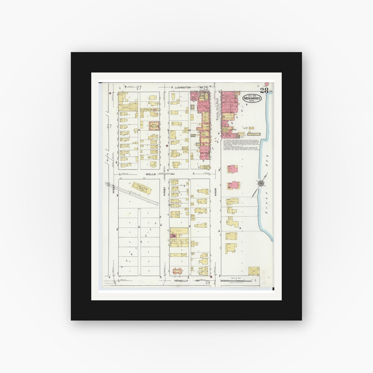 Old map wall art mockup — black gallery frame with white mat — Sanborn Fire Insurance Map from Menominee, Menominee County, Michigan (1921), Sheet #0028