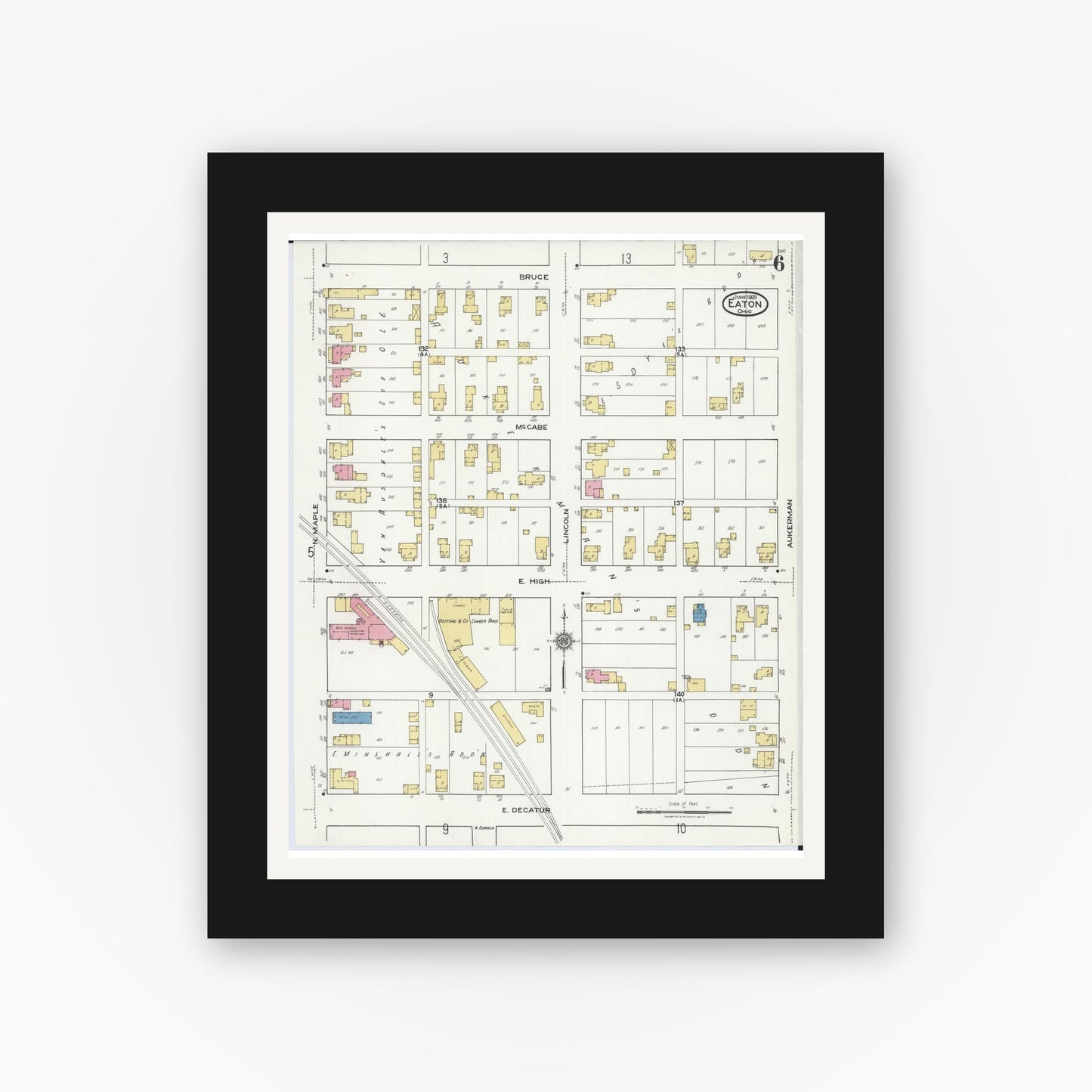 Old map wall art mockup — black gallery frame with white mat — Sanborn Fire Insurance Map from Eaton, Preble County, Ohio (1921), Sheet #0006