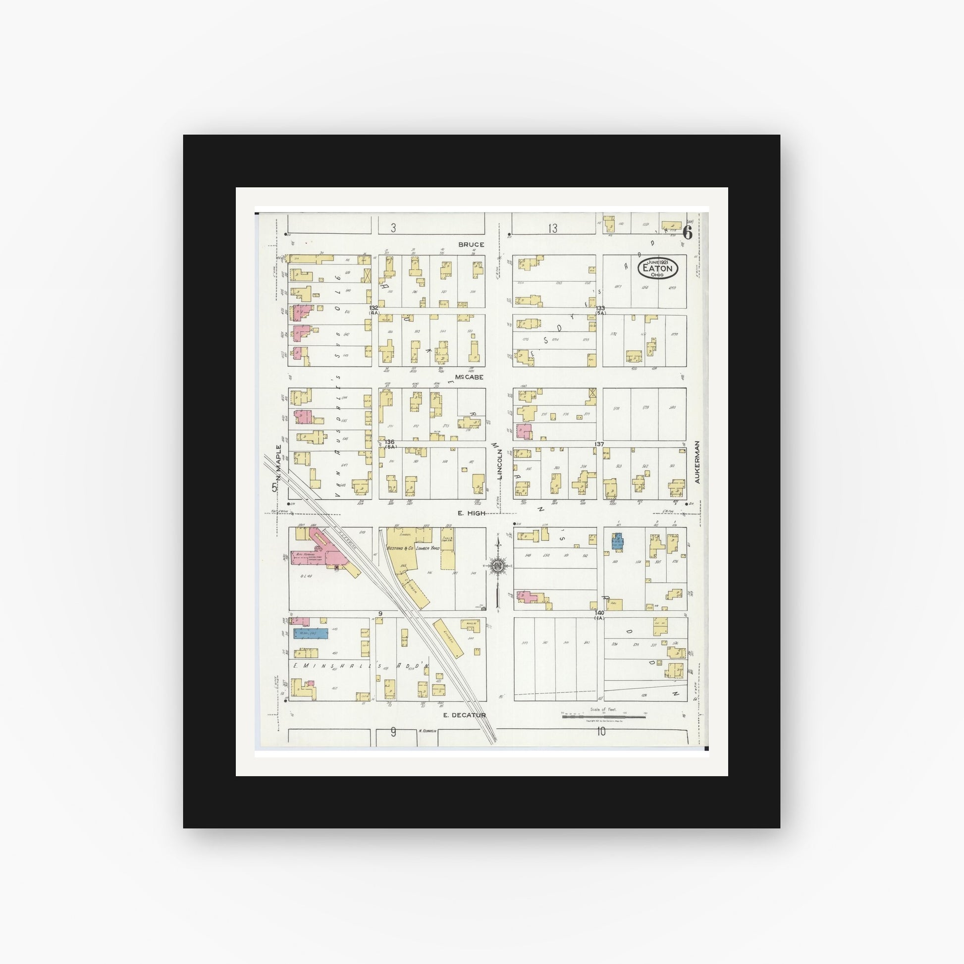 Old map wall art mockup — black gallery frame with white mat — Sanborn Fire Insurance Map from Eaton, Preble County, Ohio (1921), Sheet #0006